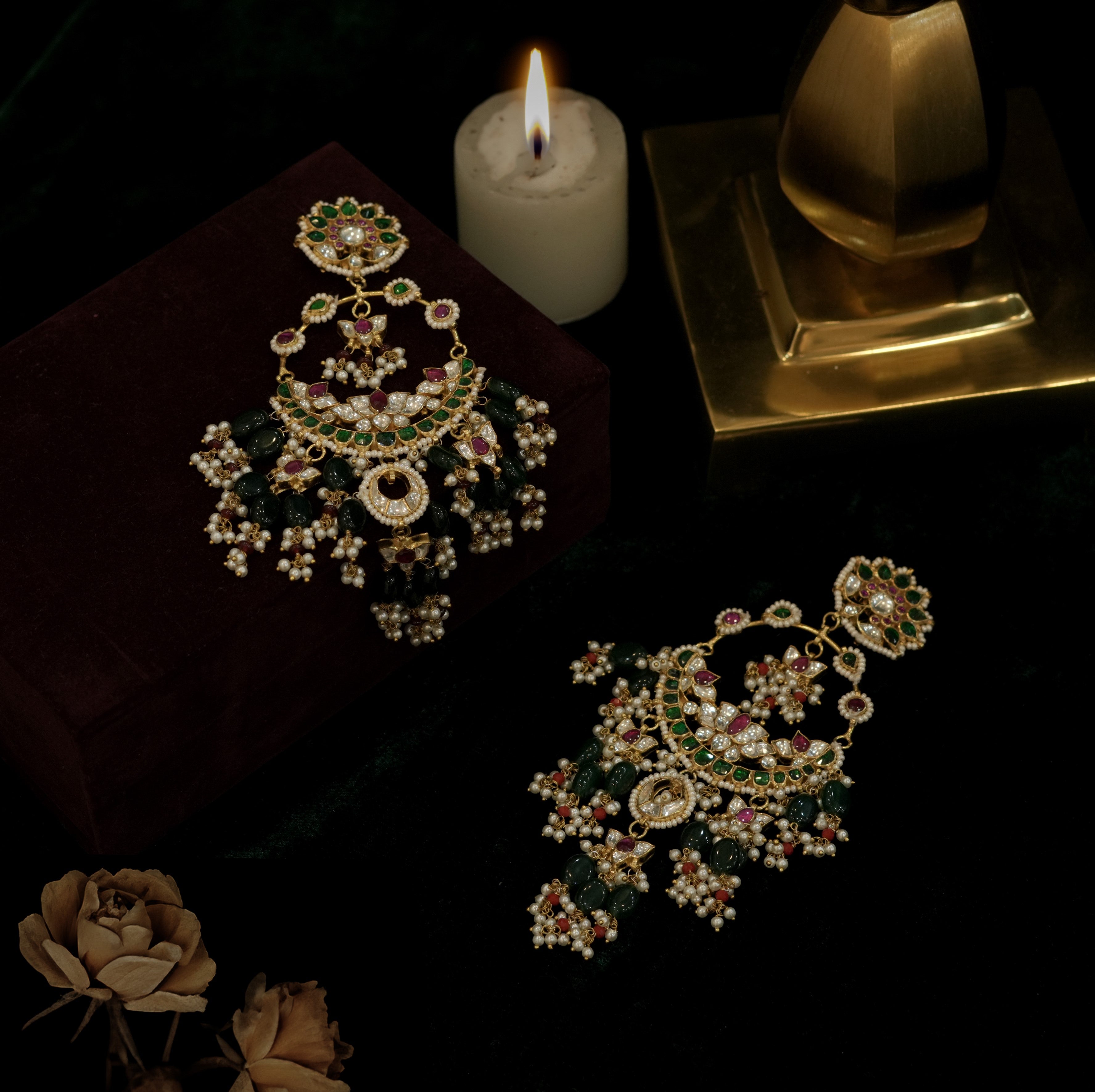 SJE1044- Multi Colour Gold Plated Jadau Kundan Chandbali Earrings
