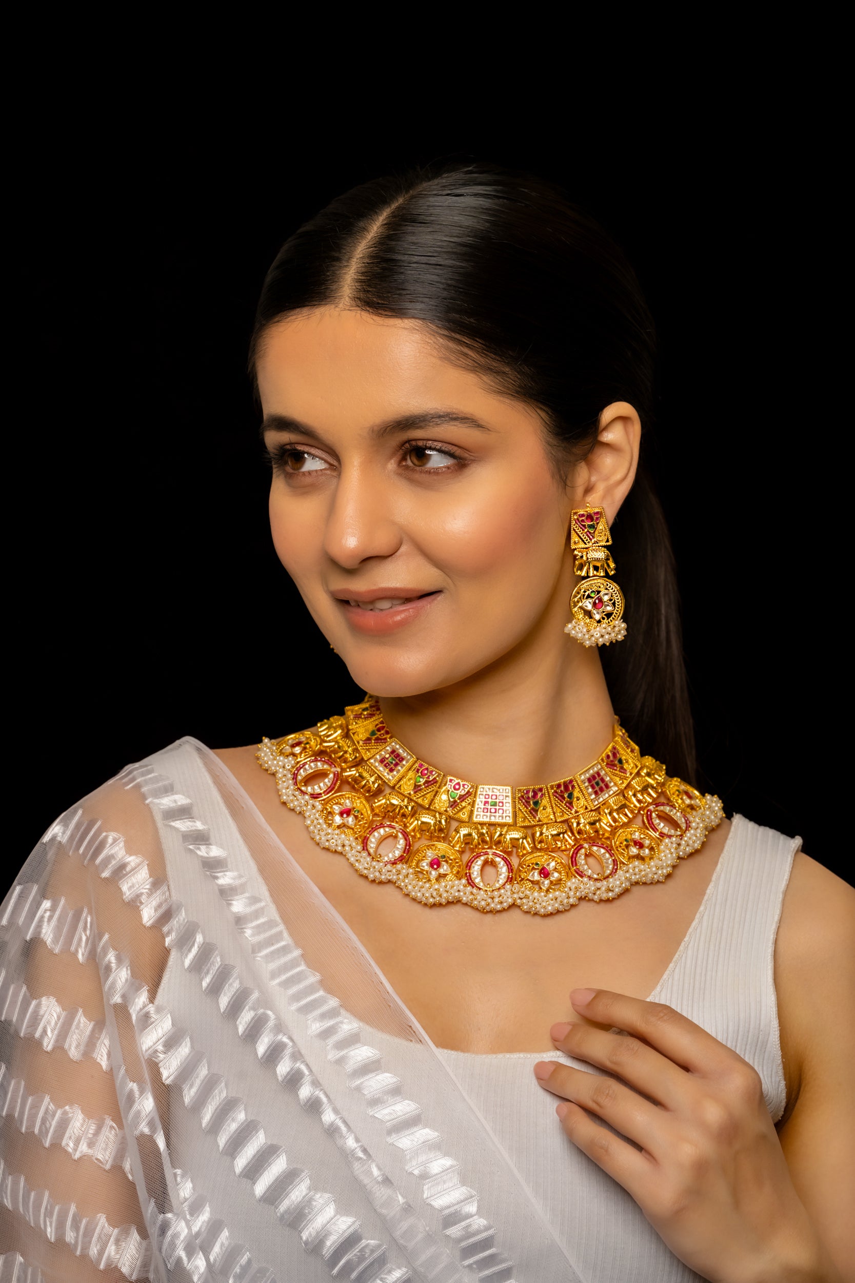 SJN1001- Multi Colour Gold Plated Jadau Kundan Necklace with Earrings