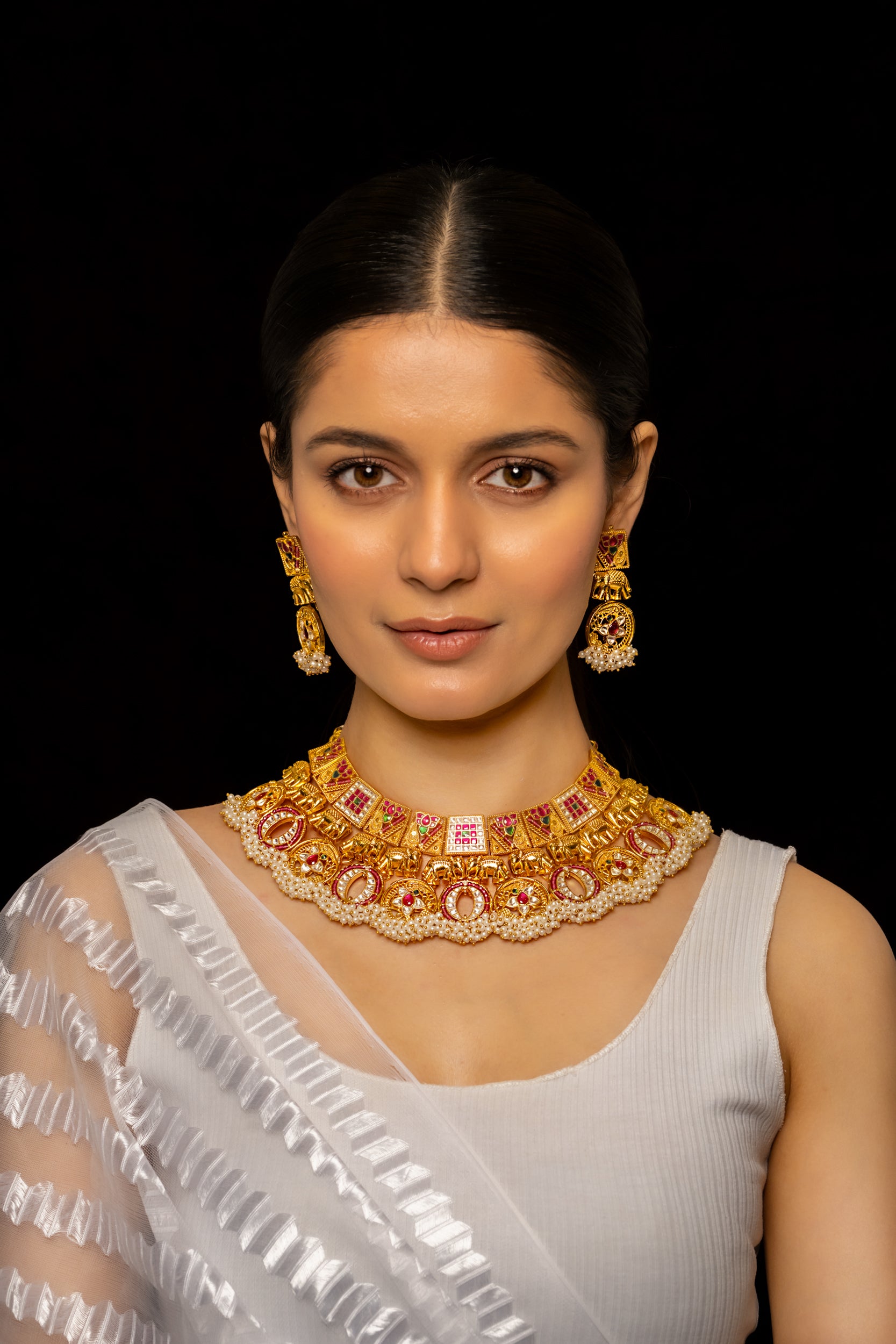 SJN1001- Multi Colour Gold Plated Jadau Kundan Necklace with Earrings