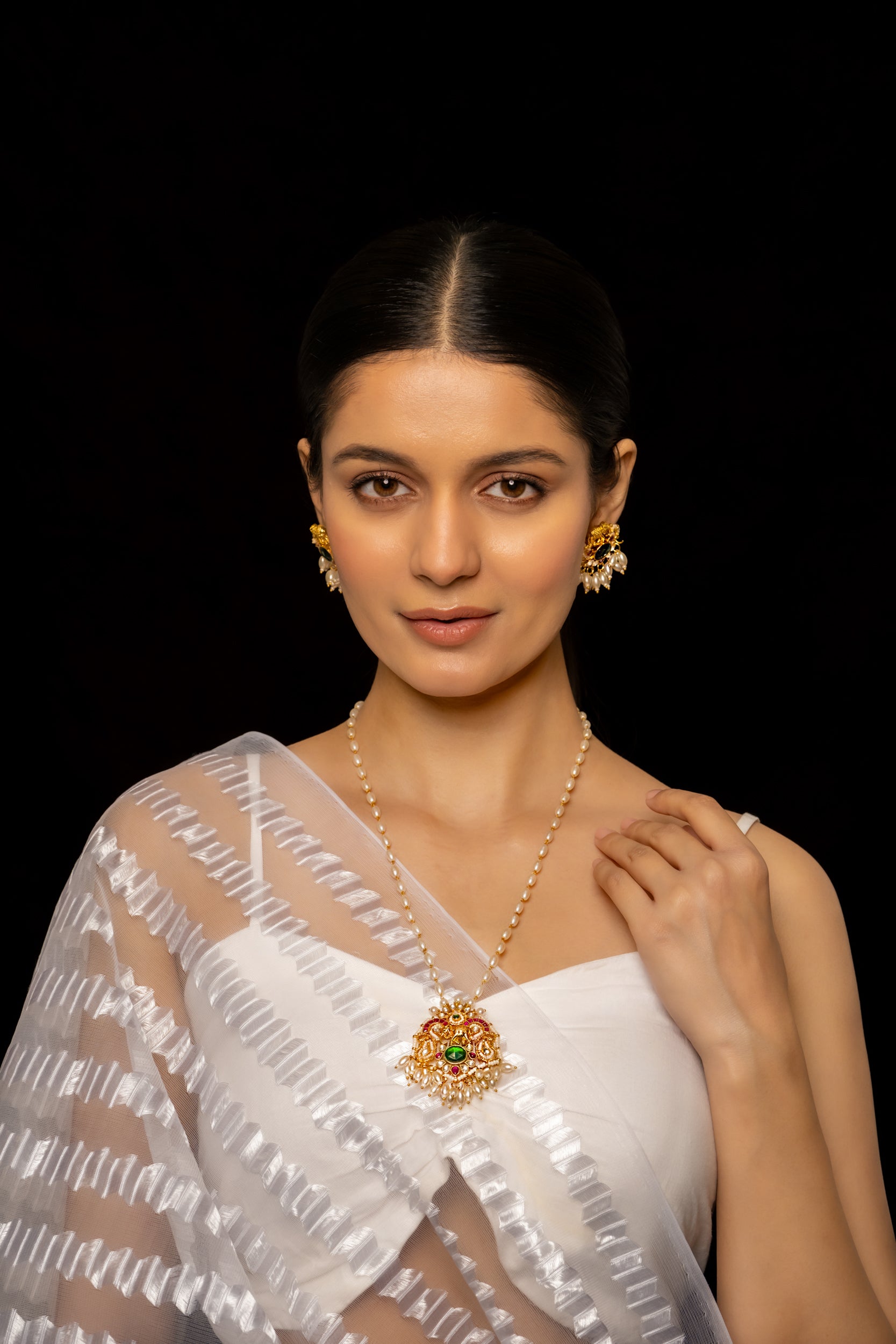 SJP1002- Multi Colour Gold Plated Jadau Kundan Pendant with Earrings