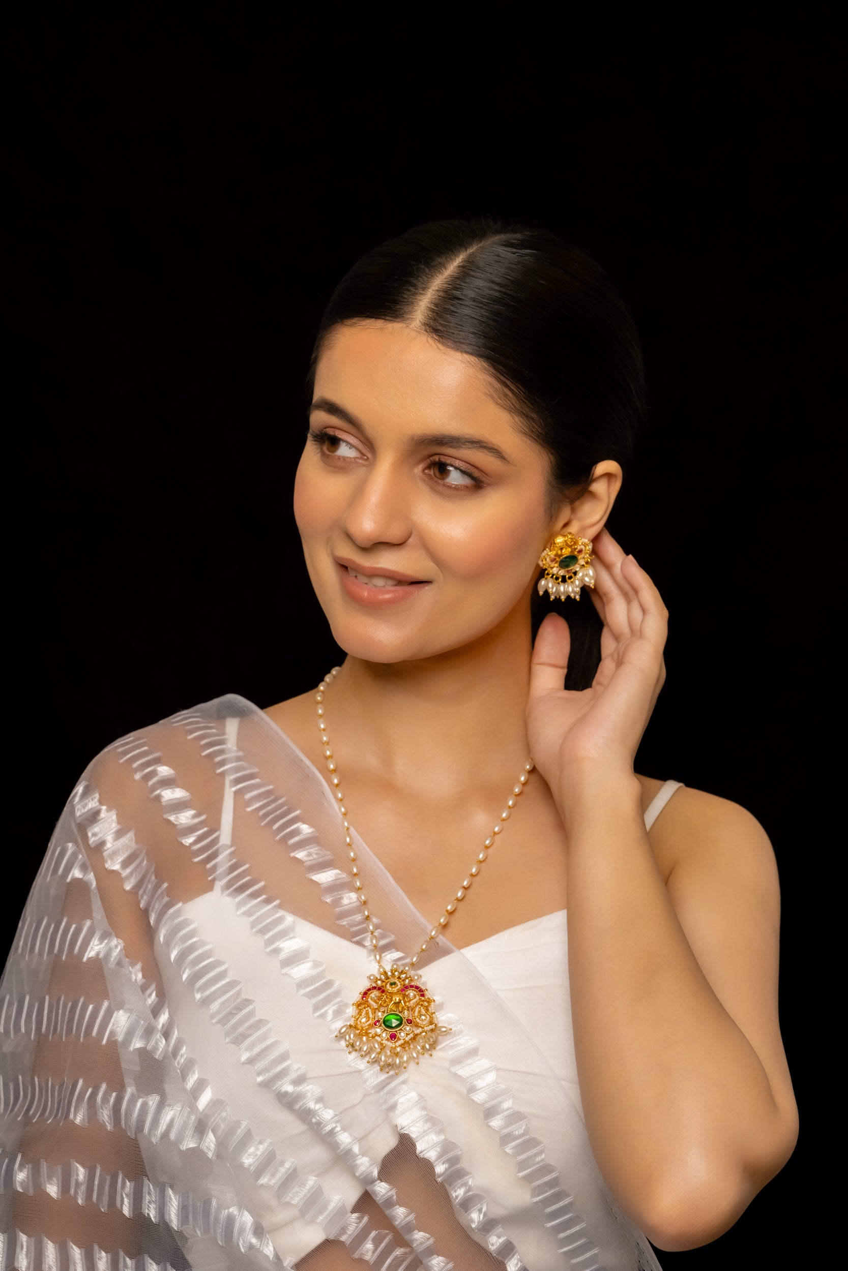 SJP1002- Multi Colour Gold Plated Jadau Kundan Pendant with Earrings