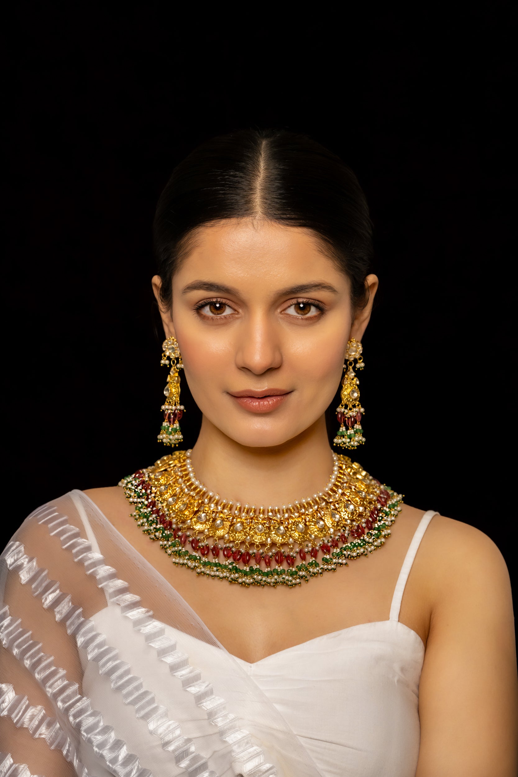 SJN1002- White Colour Gold Plated Jadau Kundan Necklace with Earrings
