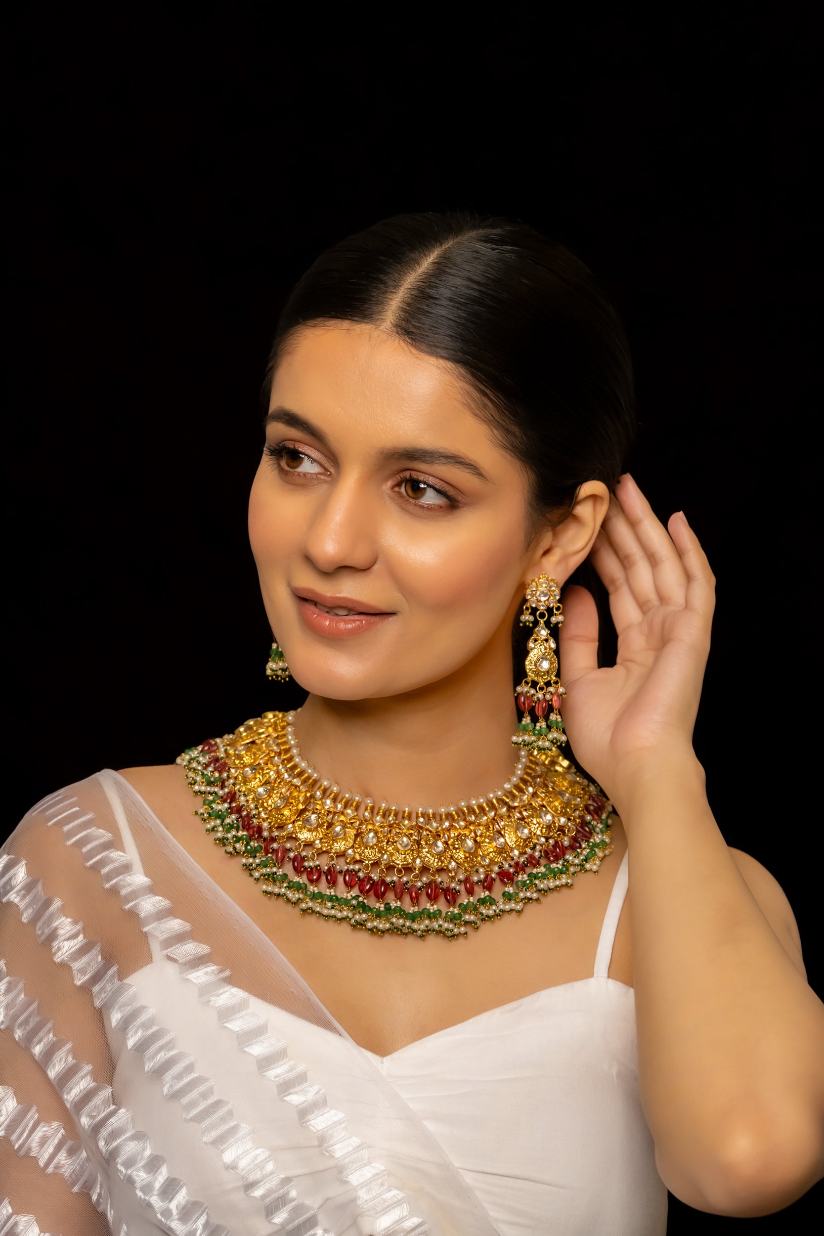 SJN1002- White Colour Gold Plated Jadau Kundan Necklace with Earrings