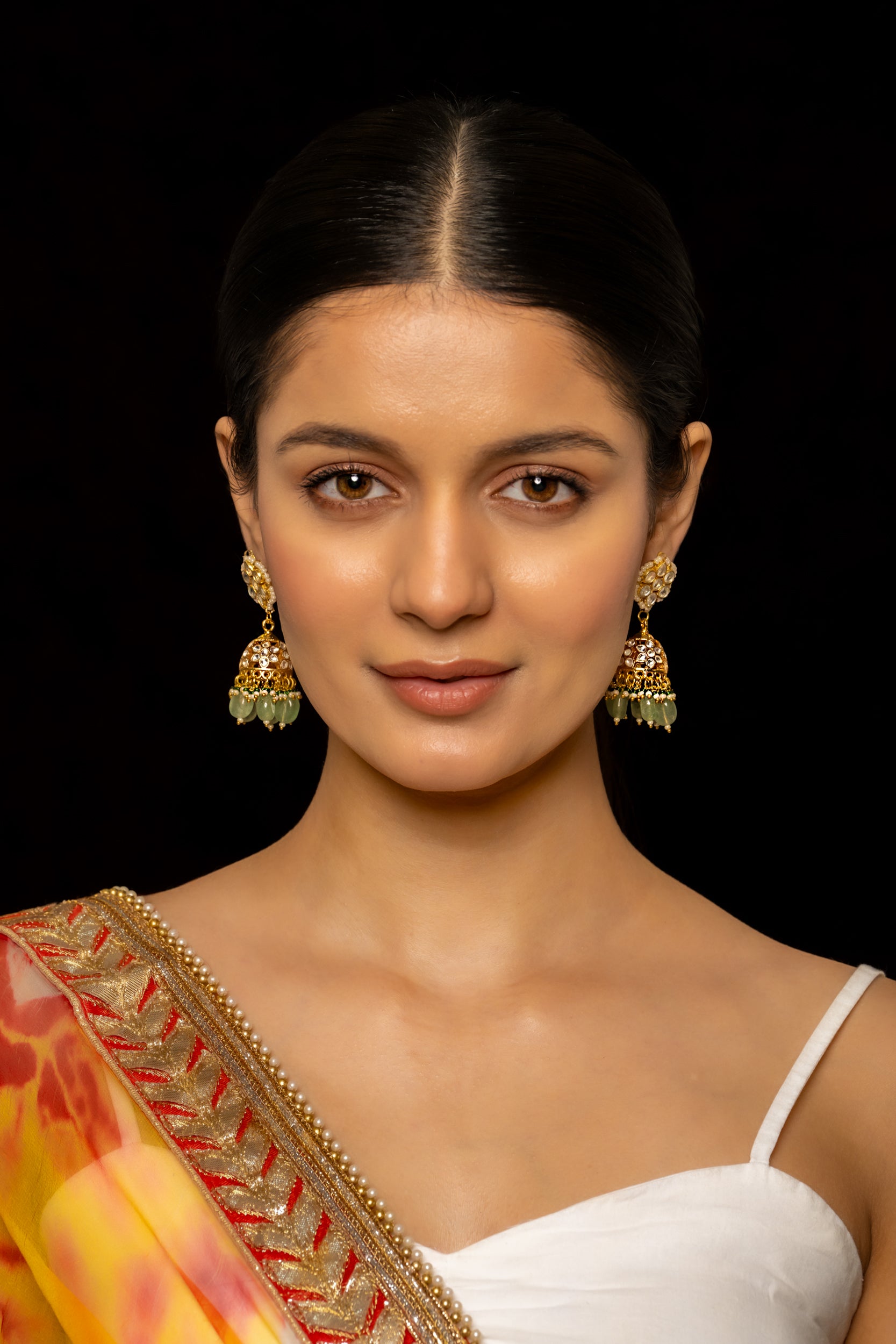 SJE1002- Mint and White Colour Gold Plated Jadau Kundan Jhumki Earrings