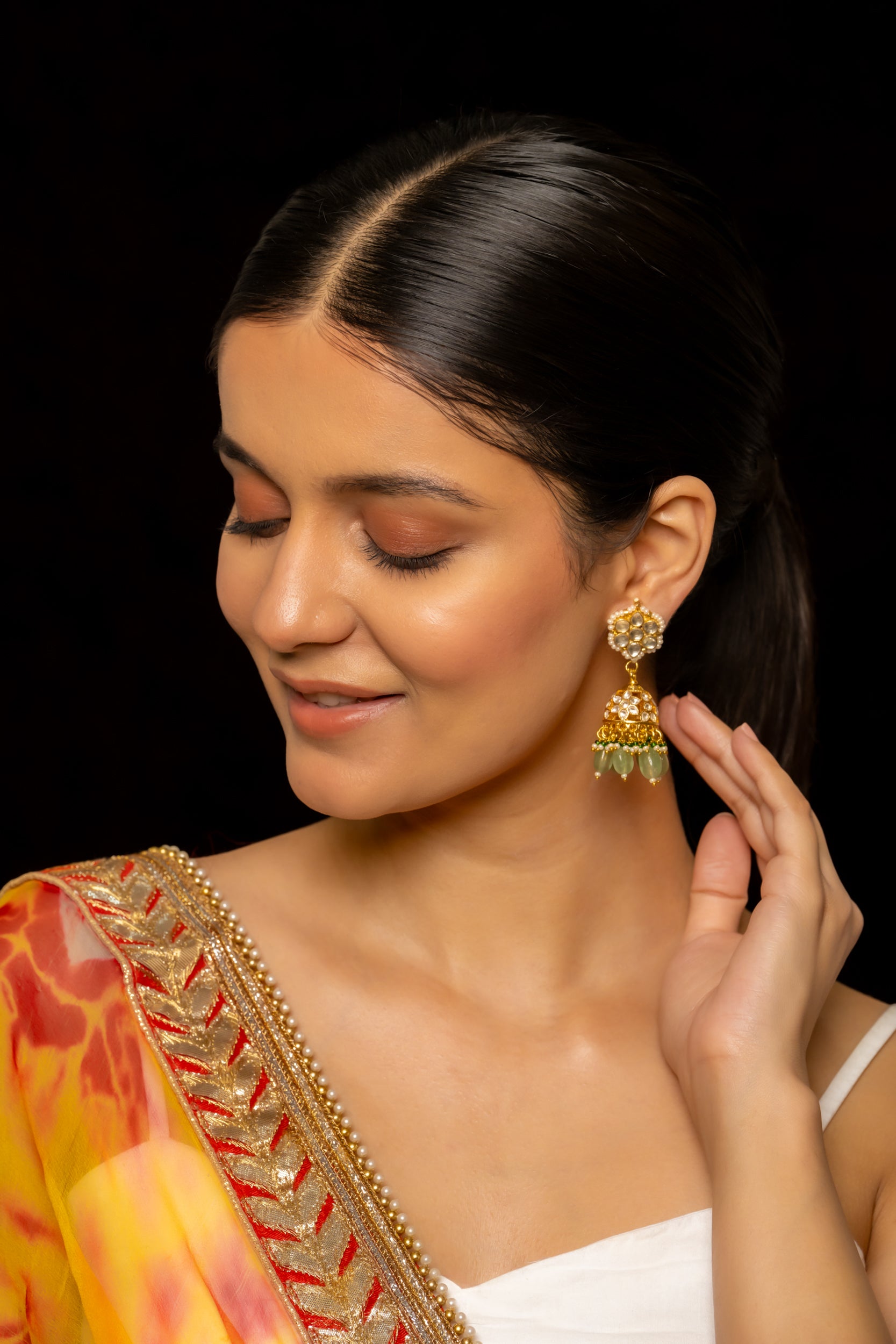 SJE1002- Mint and White Colour Gold Plated Jadau Kundan Jhumki Earrings
