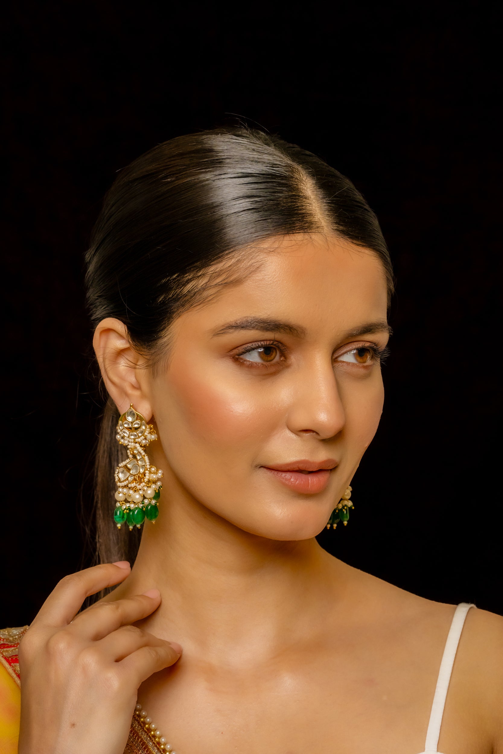 SJE1010- White and Green Colour Gold Plated Jadau Kundan Danglers Earrings