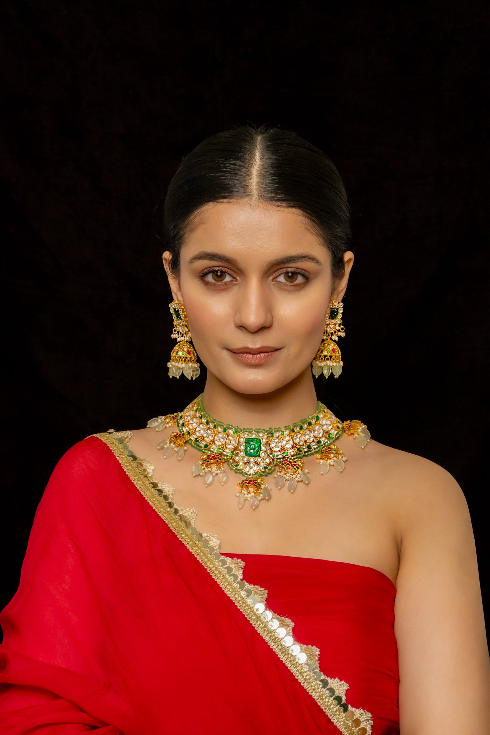 SJN1005- Multi Colour Gold Plated Jadau Kundan Necklace with Earrings