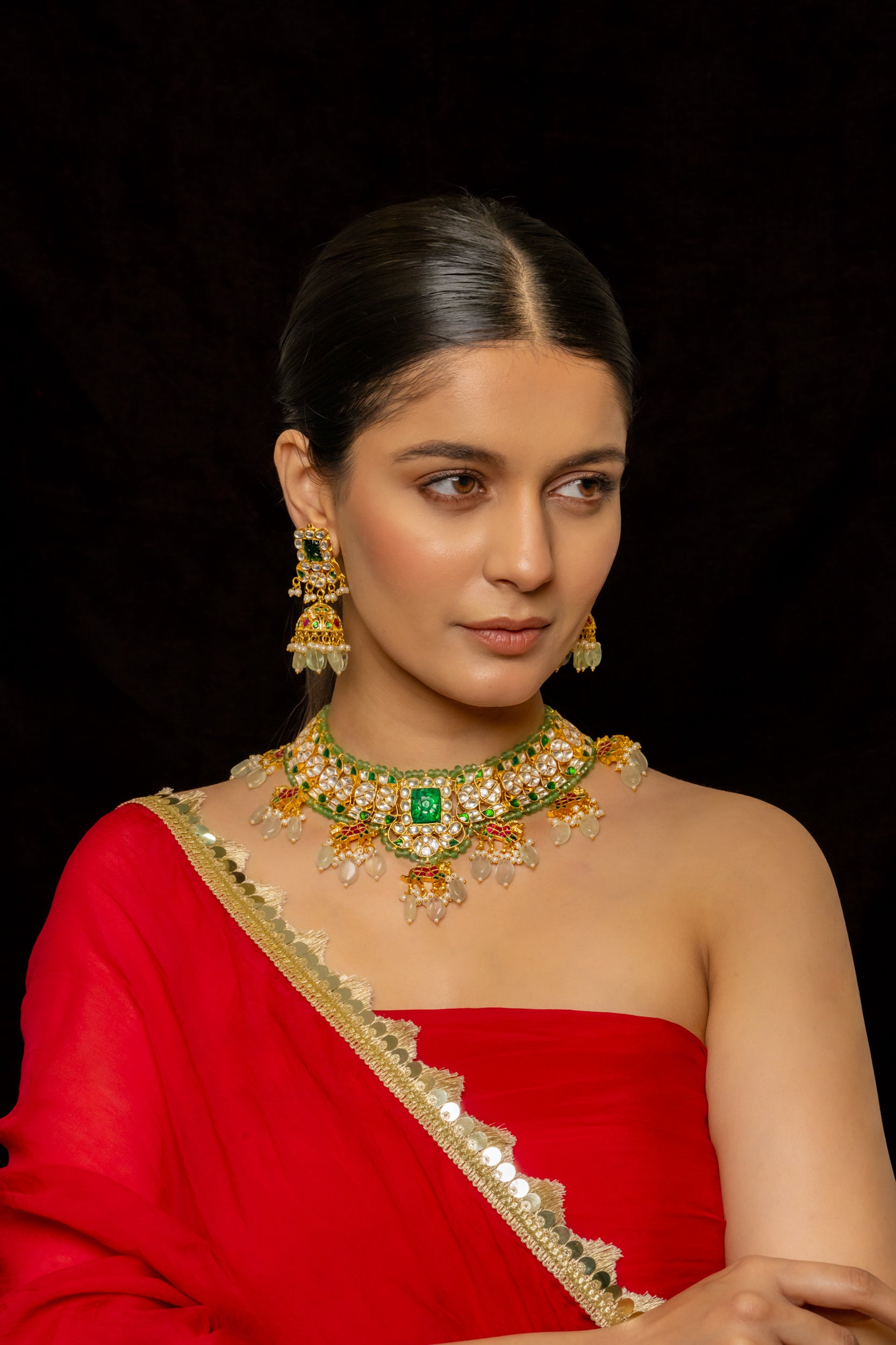 SJN1005- Multi Colour Gold Plated Jadau Kundan Necklace with Earrings