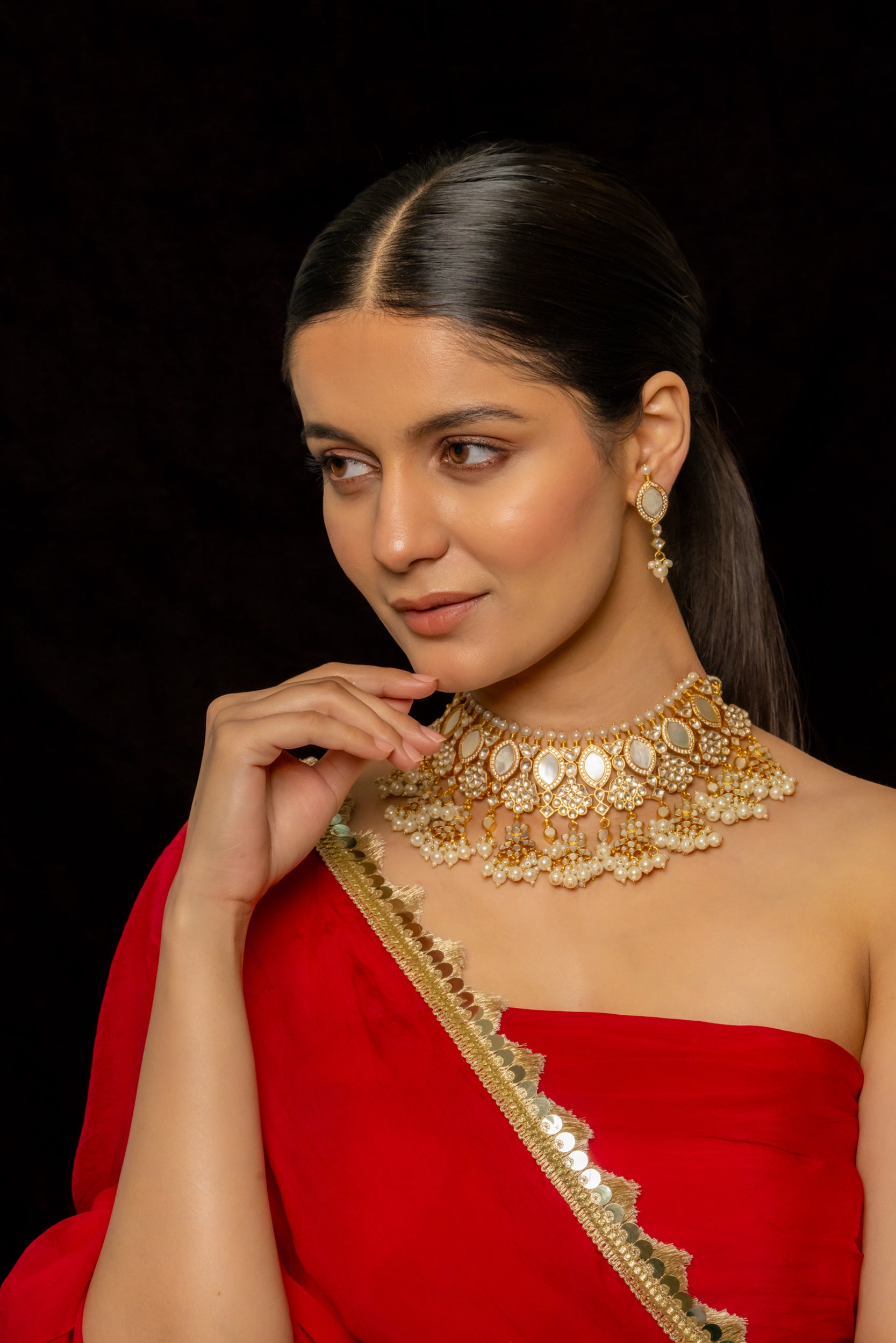 SJN1007- White Colour Gold Plated Mother of Pearl Necklace with Earrings