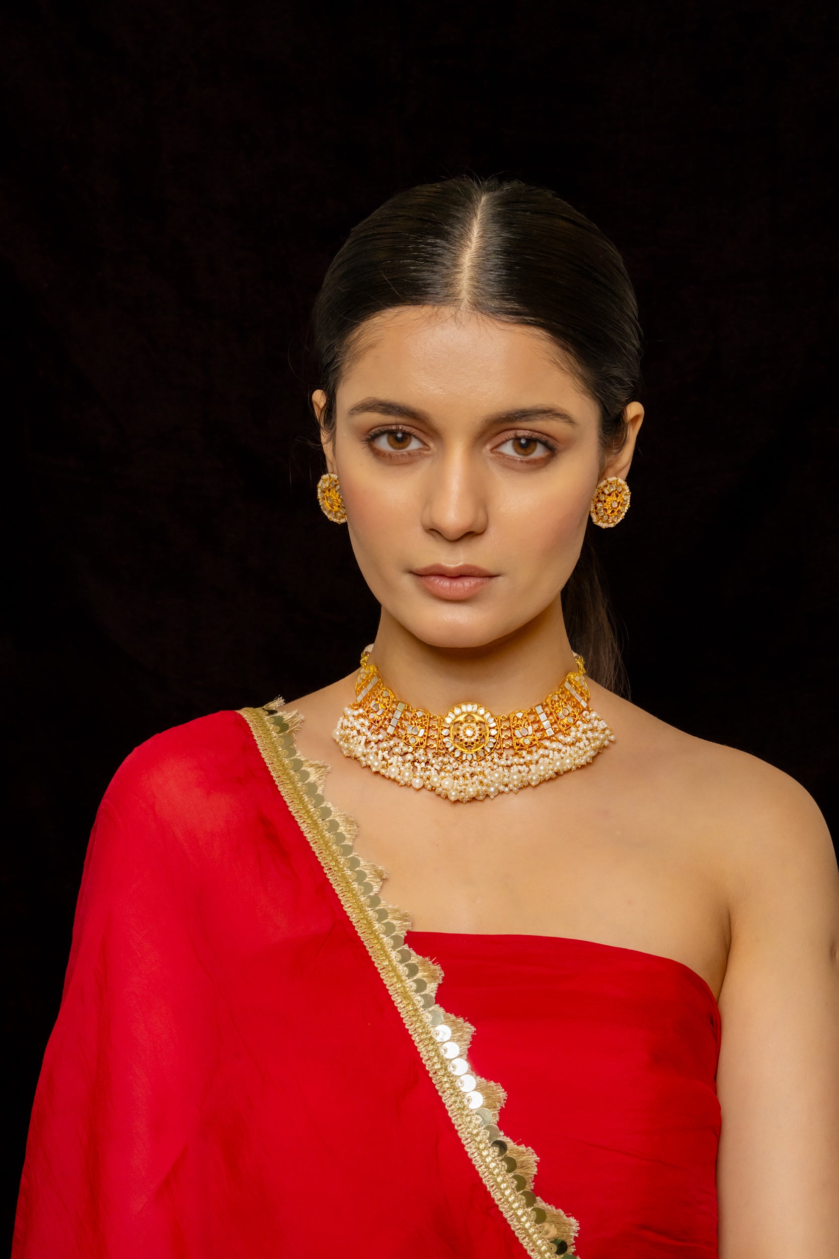 SJN1008- White Colour Gold Plated Mother of Pearl Necklace with Earrings