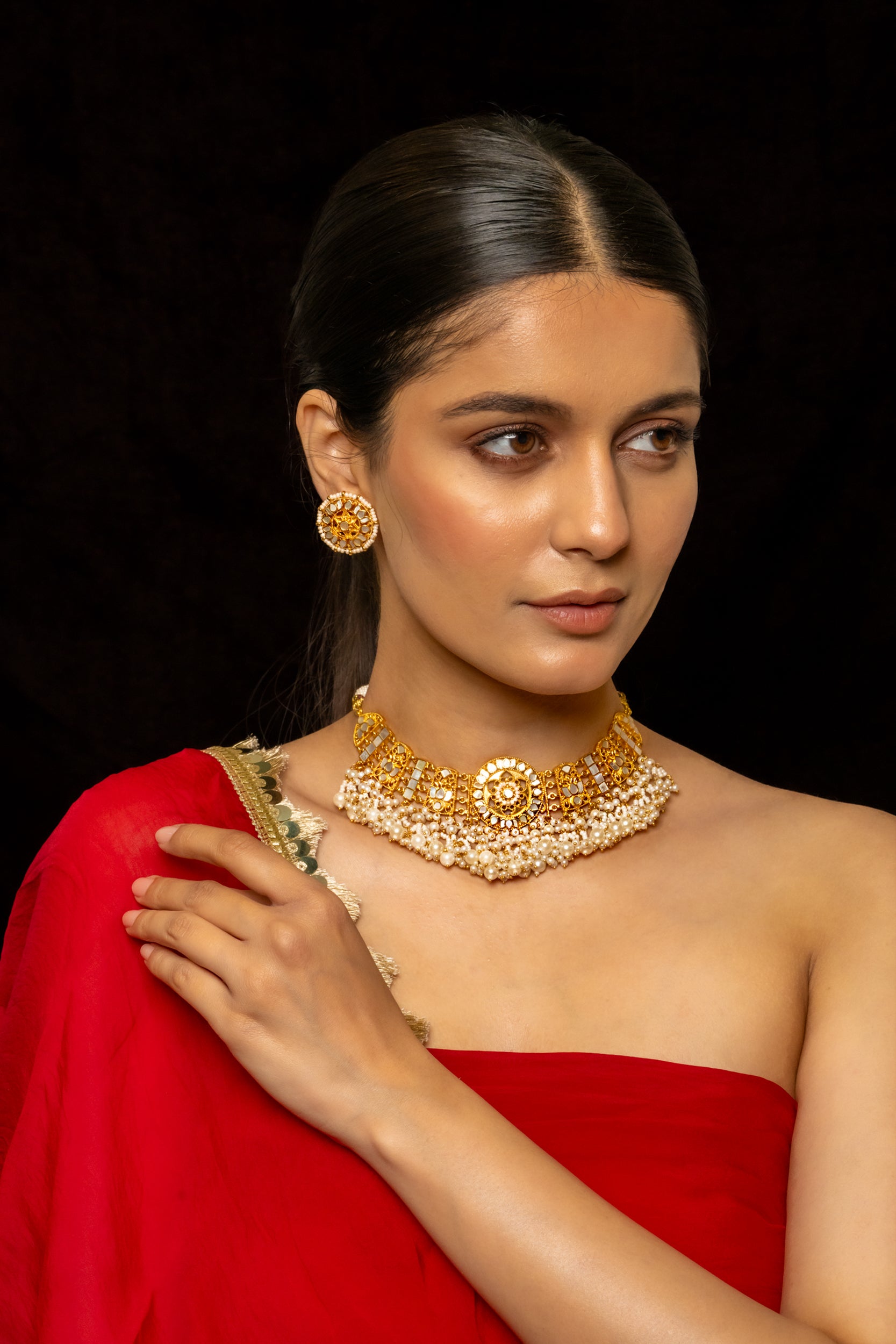SJN1008- White Colour Gold Plated Mother of Pearl Necklace with Earrings
