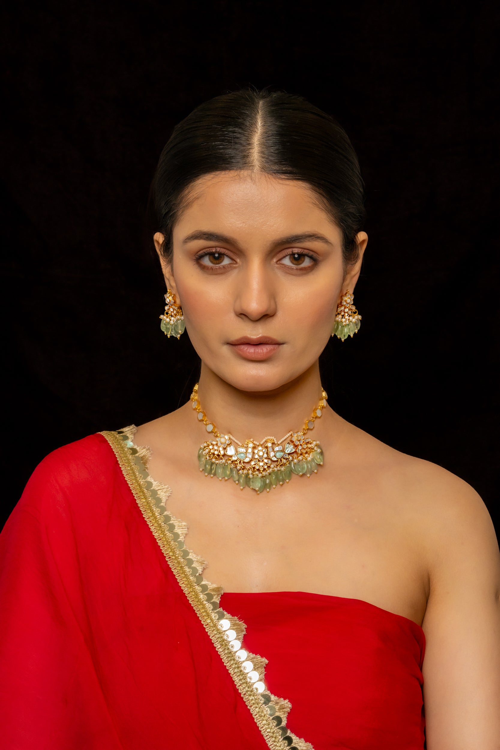 SJC1013- White and Mint Colour Gold Plated Jadau Kundan Choker With Earrings