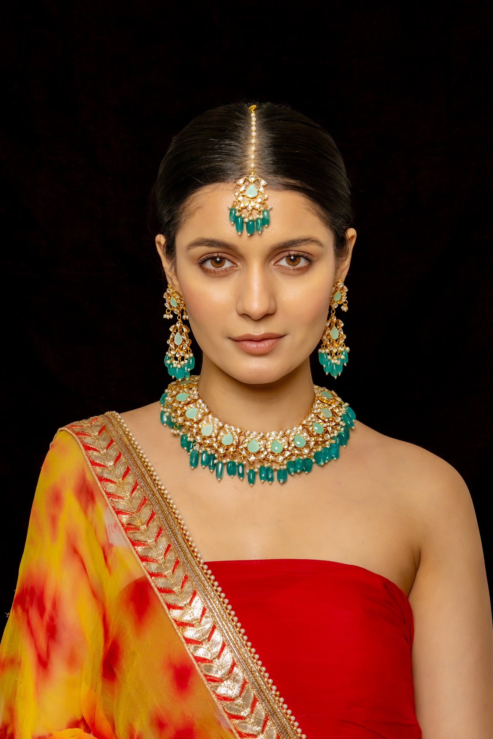 SJN1011- White and Mint Colour Gold Plated Jadau Kundan Necklace with Earrings and Tika