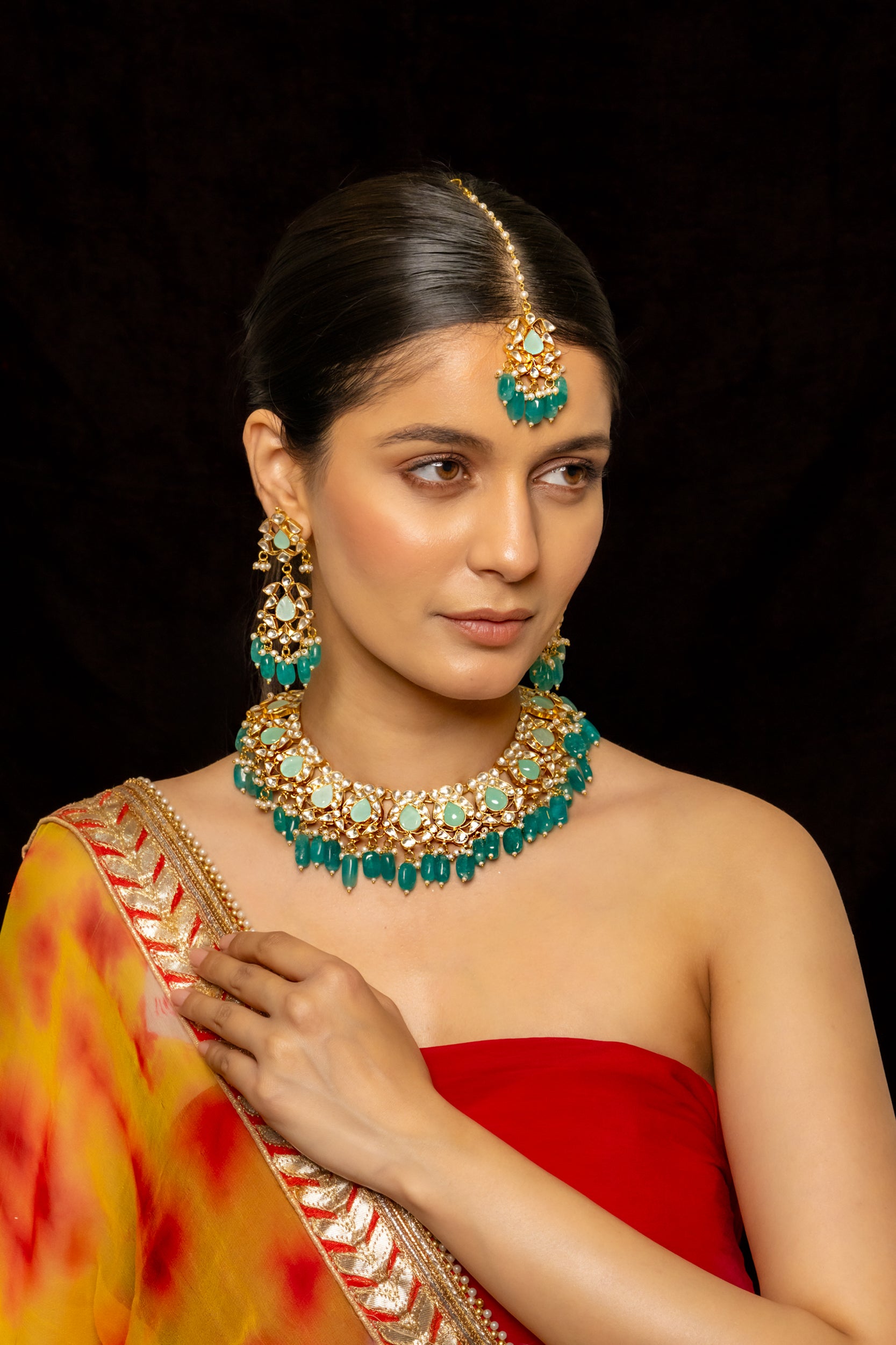 SJN1011- White and Mint Colour Gold Plated Jadau Kundan Necklace with Earrings and Tika