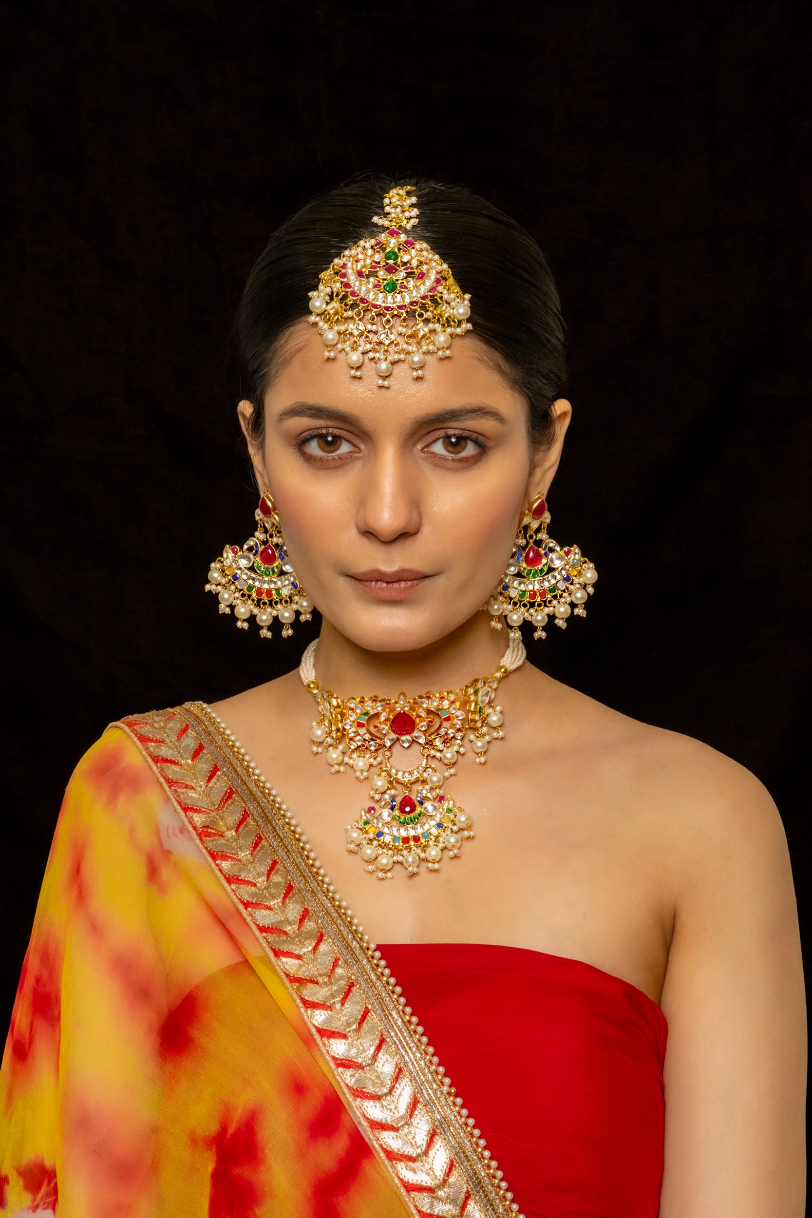 SJC1015- Multi Colour Gold Plated Jadau Kundan Choker with Earrings and Tika