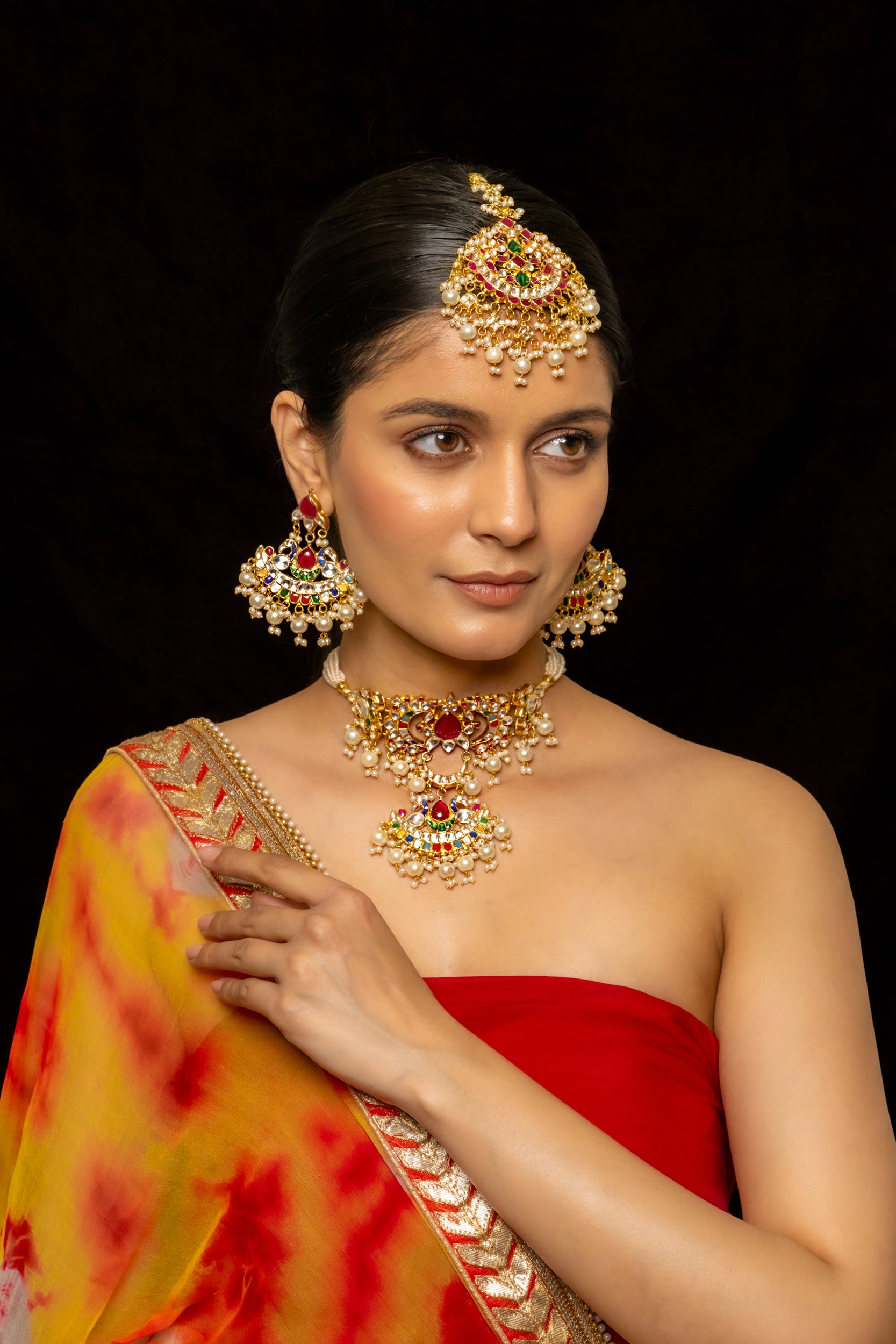 SJC1015- Multi Colour Gold Plated Jadau Kundan Choker with Earrings and Tika