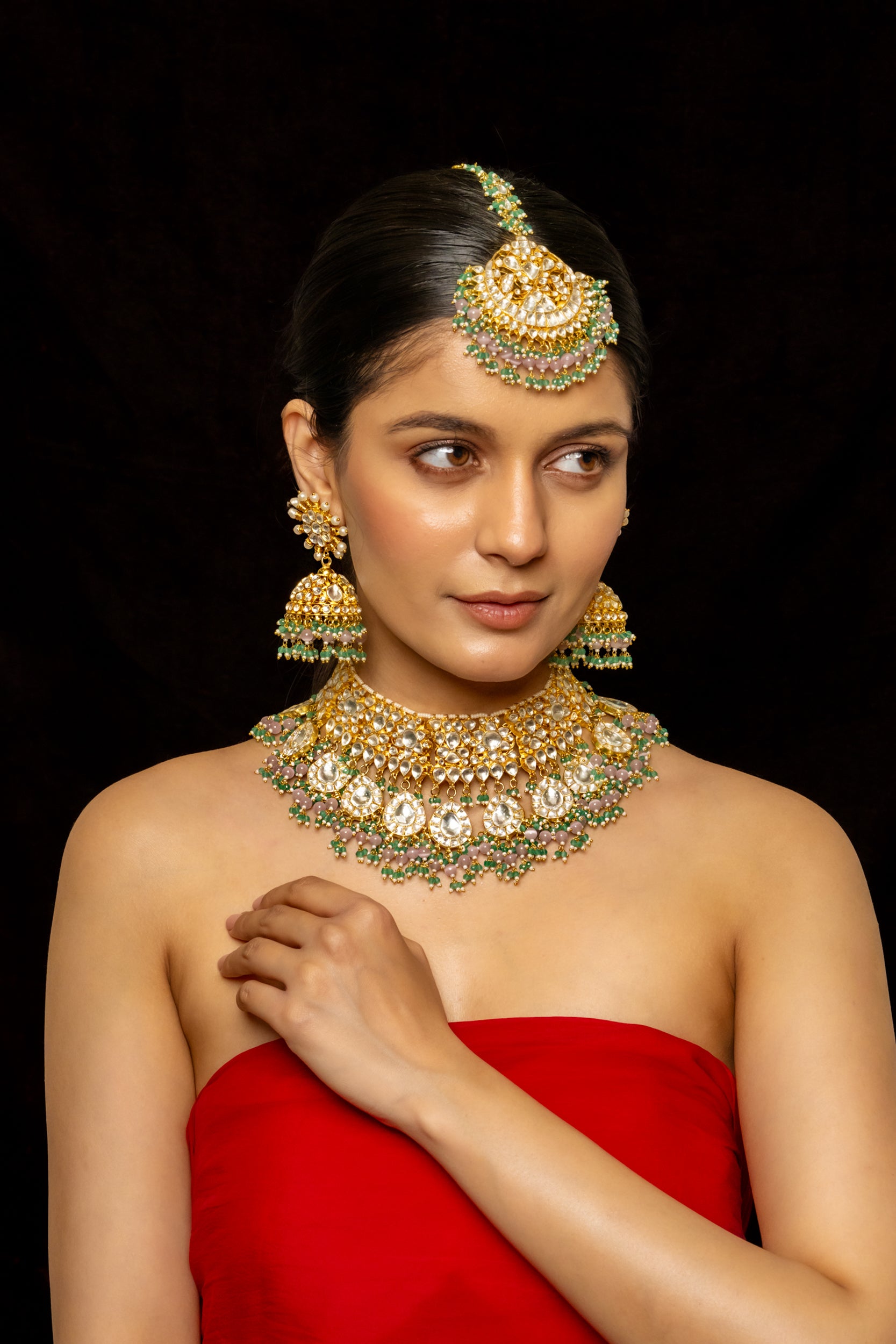 SJN1012- White Colour Gold Plated Jadau Kundan Necklace with Earrings and Tika