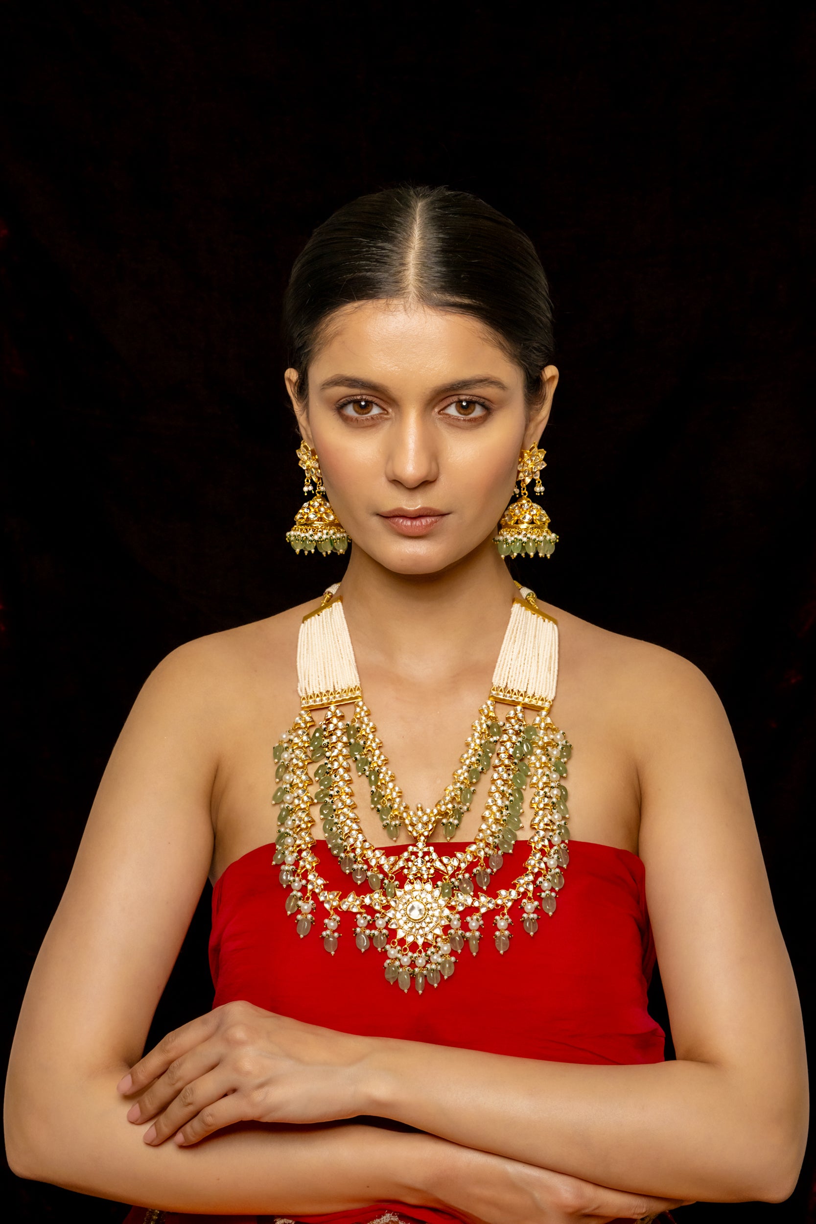 SJN1009- White and Green Colour Gold Plated Jadau Kundan Necklace with Earrings