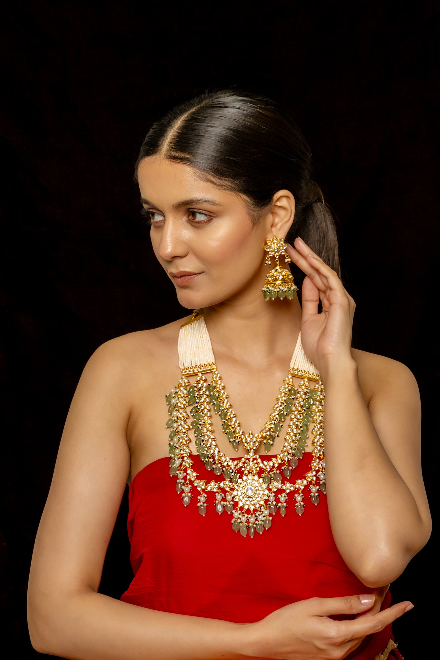 SJN1009- White and Green Colour Gold Plated Jadau Kundan Necklace with Earrings