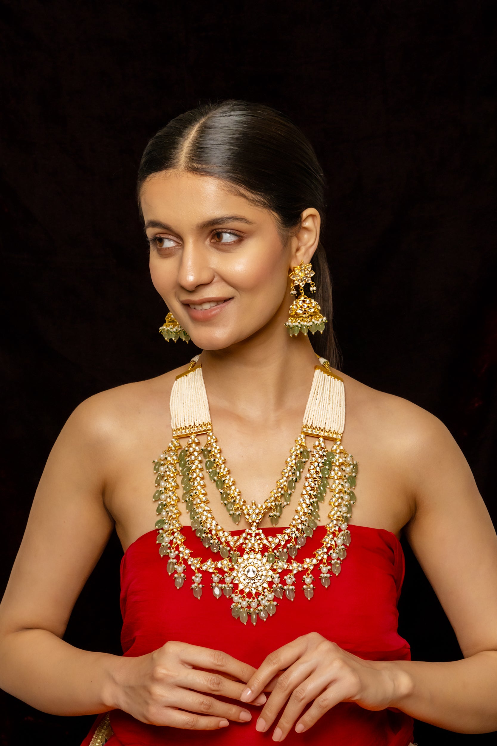 SJN1009- White and Green Colour Gold Plated Jadau Kundan Necklace with Earrings