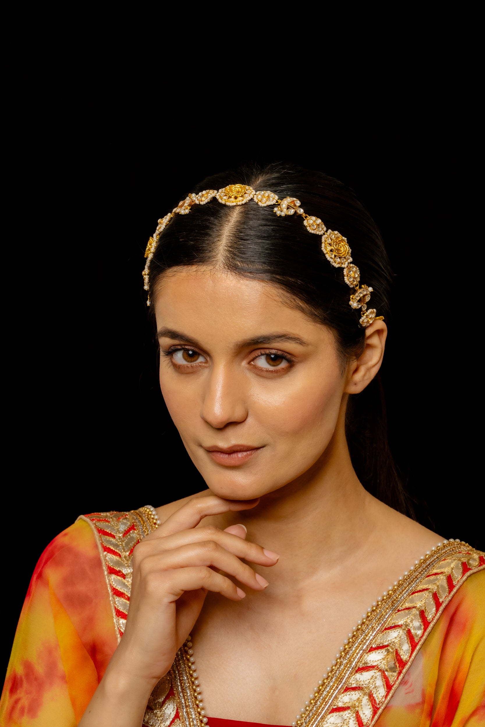 SJHB1006- White Colour Gold Plated Jadau Kundan Headband