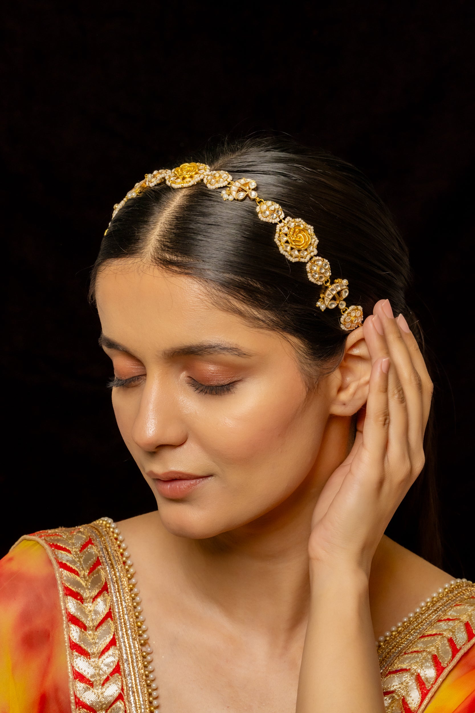 SJHB1006- White Colour Gold Plated Jadau Kundan Headband