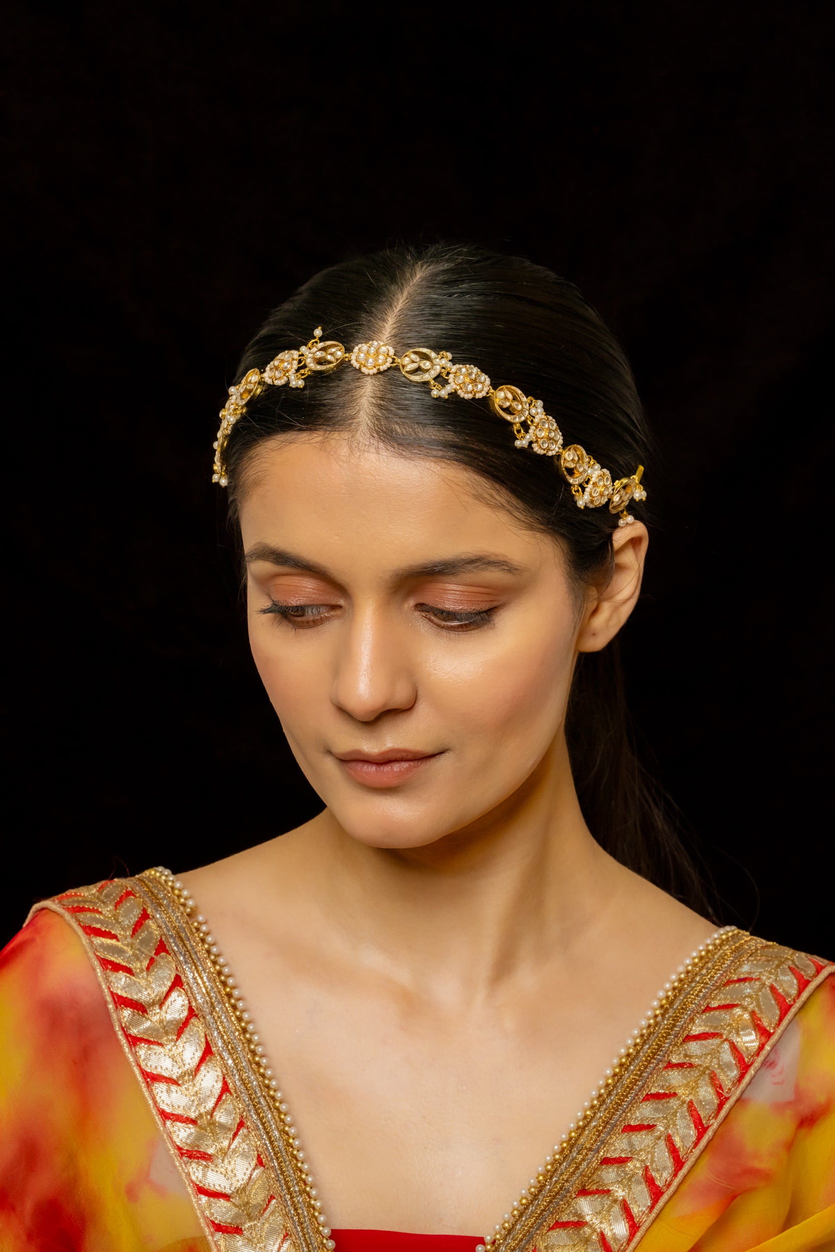 SJHB1002- White Colour Gold Plated Jadau Kundan Headband