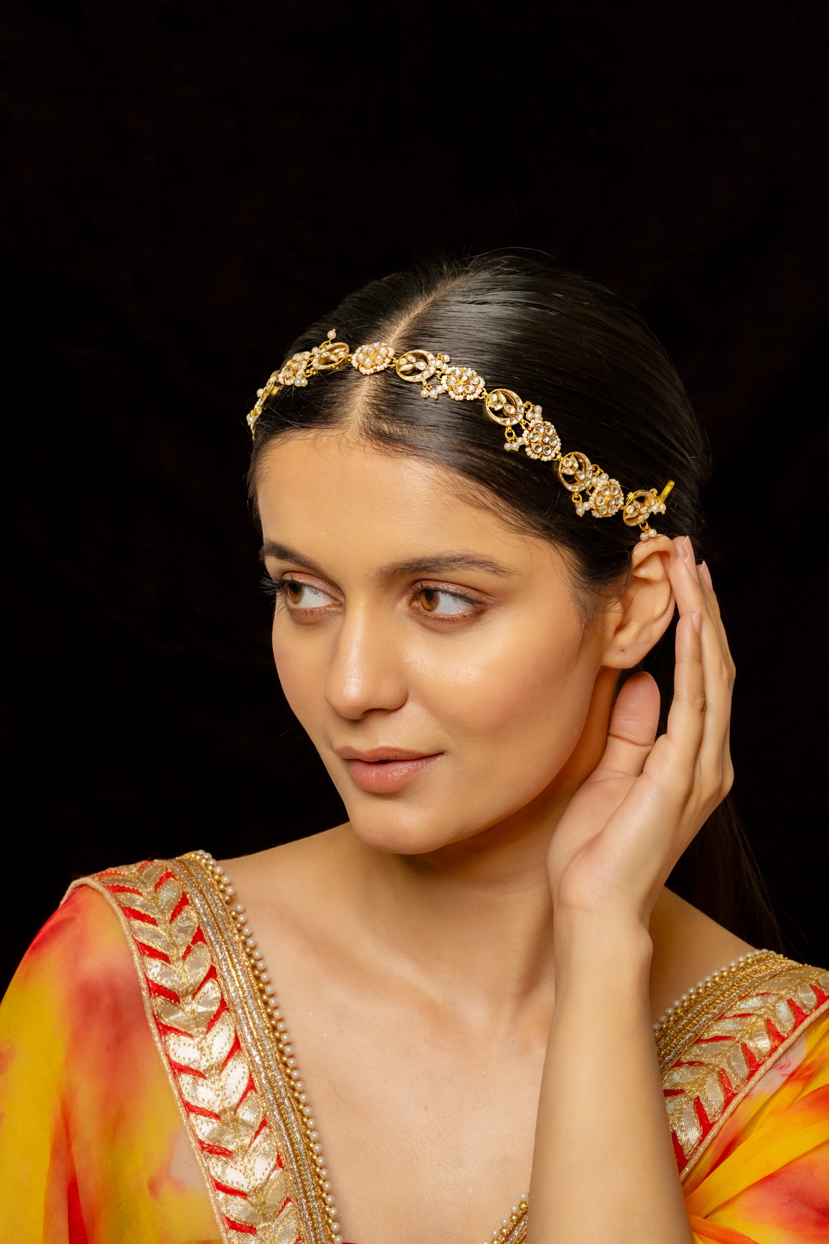 SJHB1002- White Colour Gold Plated Jadau Kundan Headband