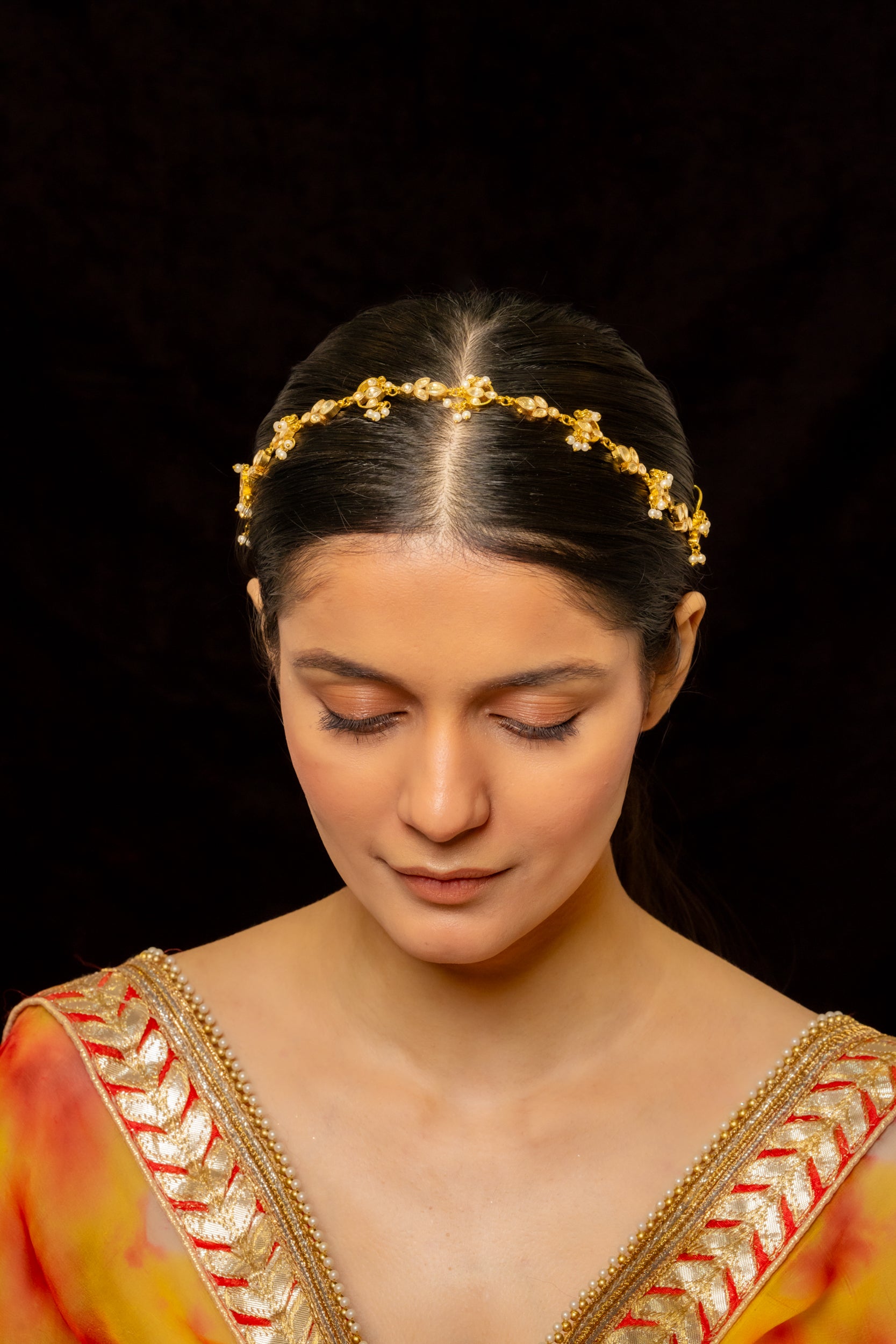 SJHB1001- White Colour Gold Plated Jadau Kundan Headband