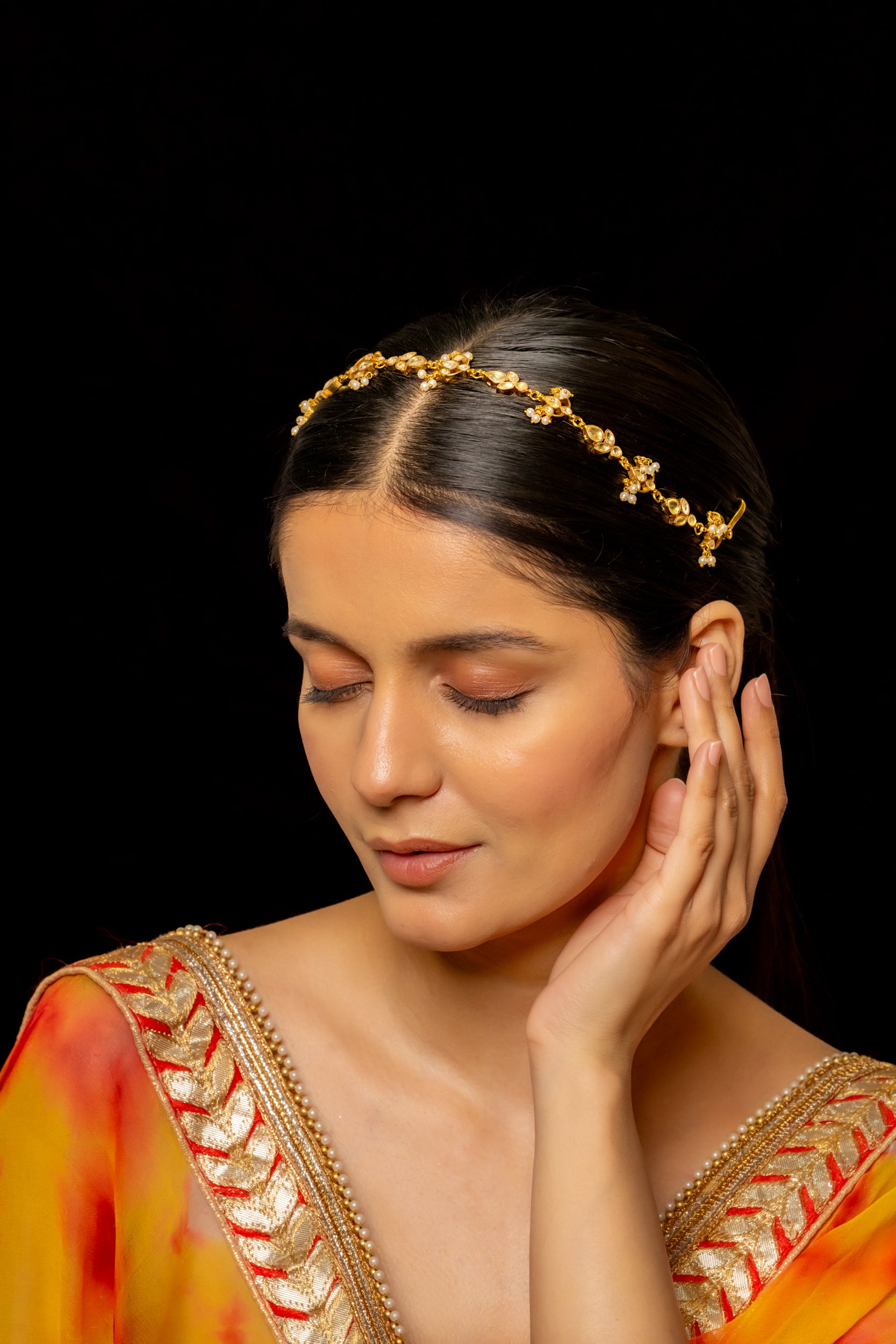 SJHB1001- White Colour Gold Plated Jadau Kundan Headband
