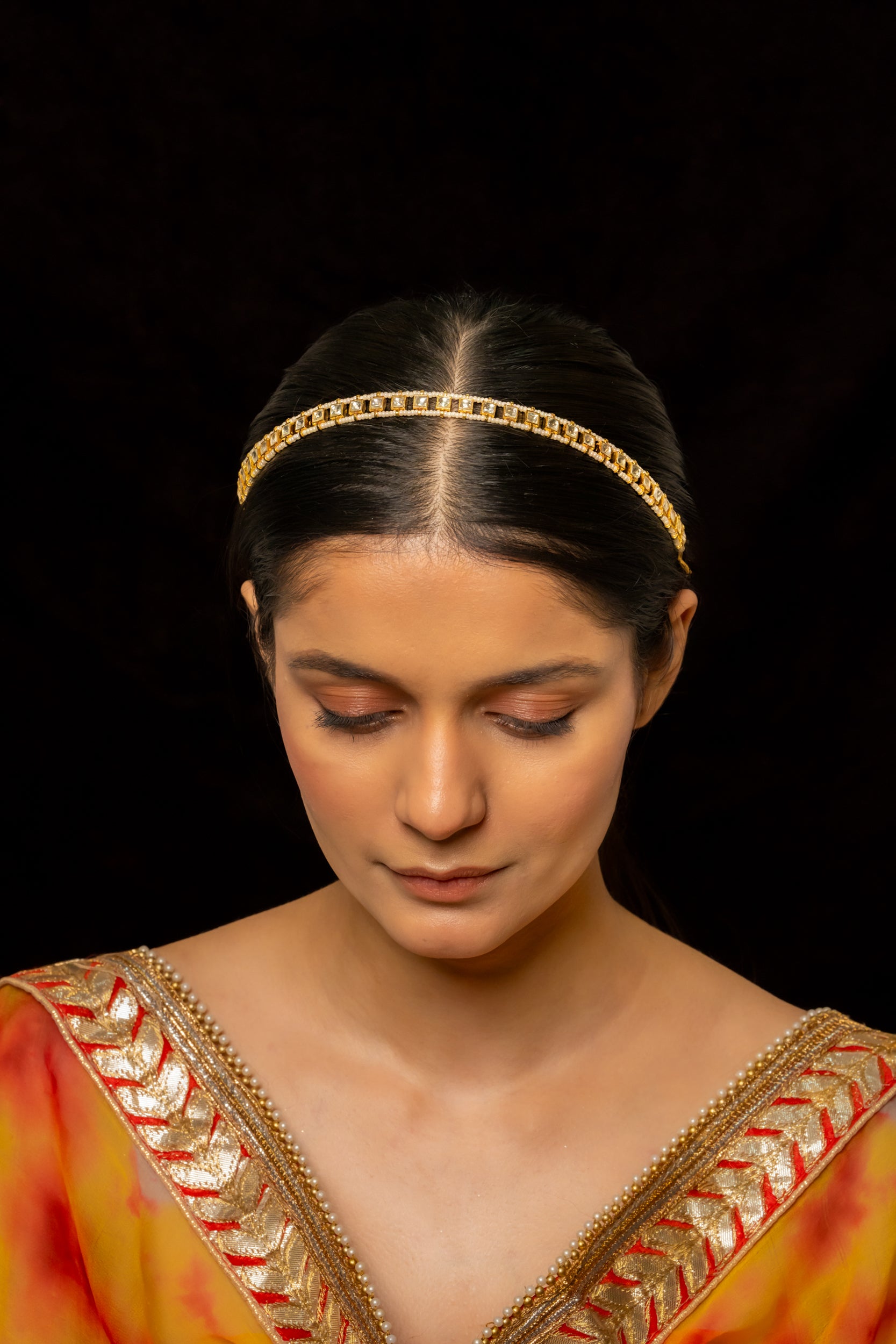 SJHB1005- White Colour Gold Plated Jadau Kundan Headband