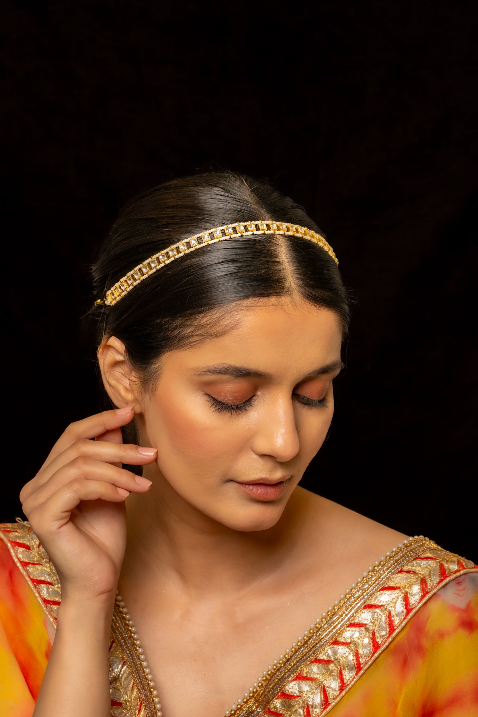 SJHB1005- White Colour Gold Plated Jadau Kundan Headband