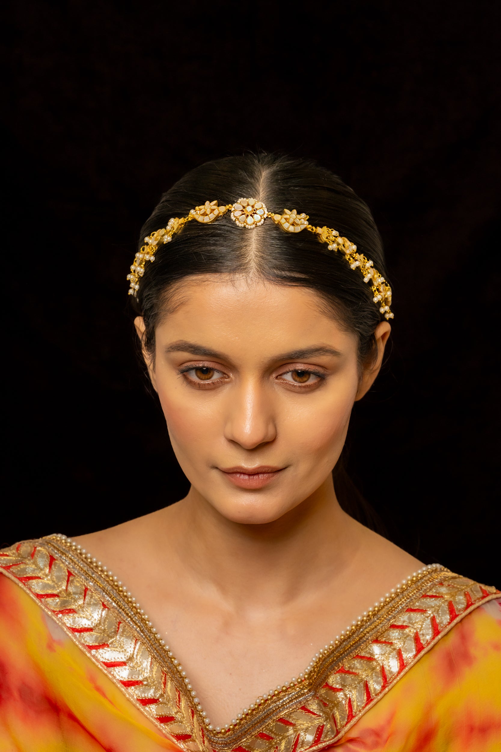 SJHB1004- White Colour Gold Plated Mother of Pearl Headband