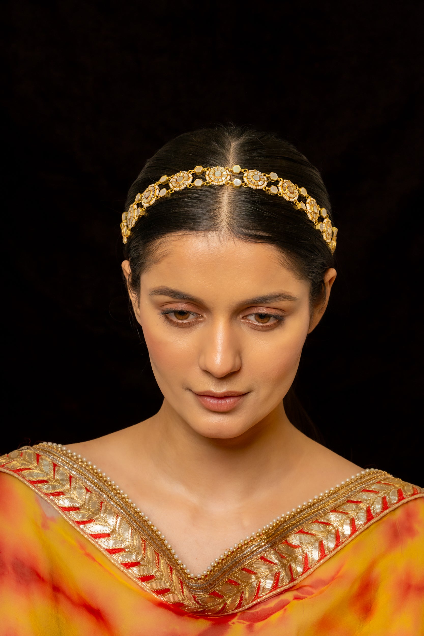 SJHB1003- White colour Gold Plated Mother of Pearl Headband