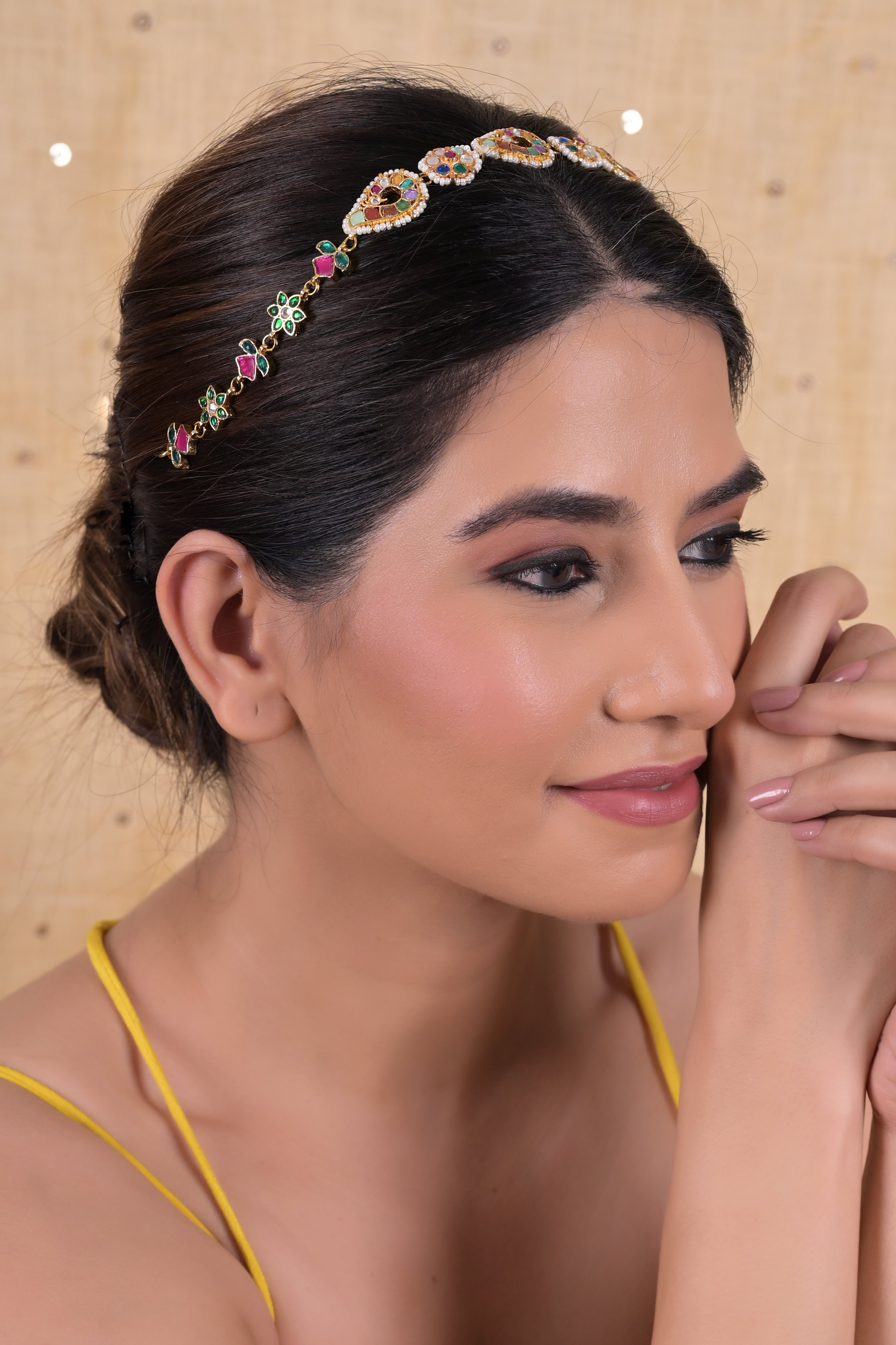 SJHB1018- Multi Colour Gold Plated Jadau Kundan Headband
