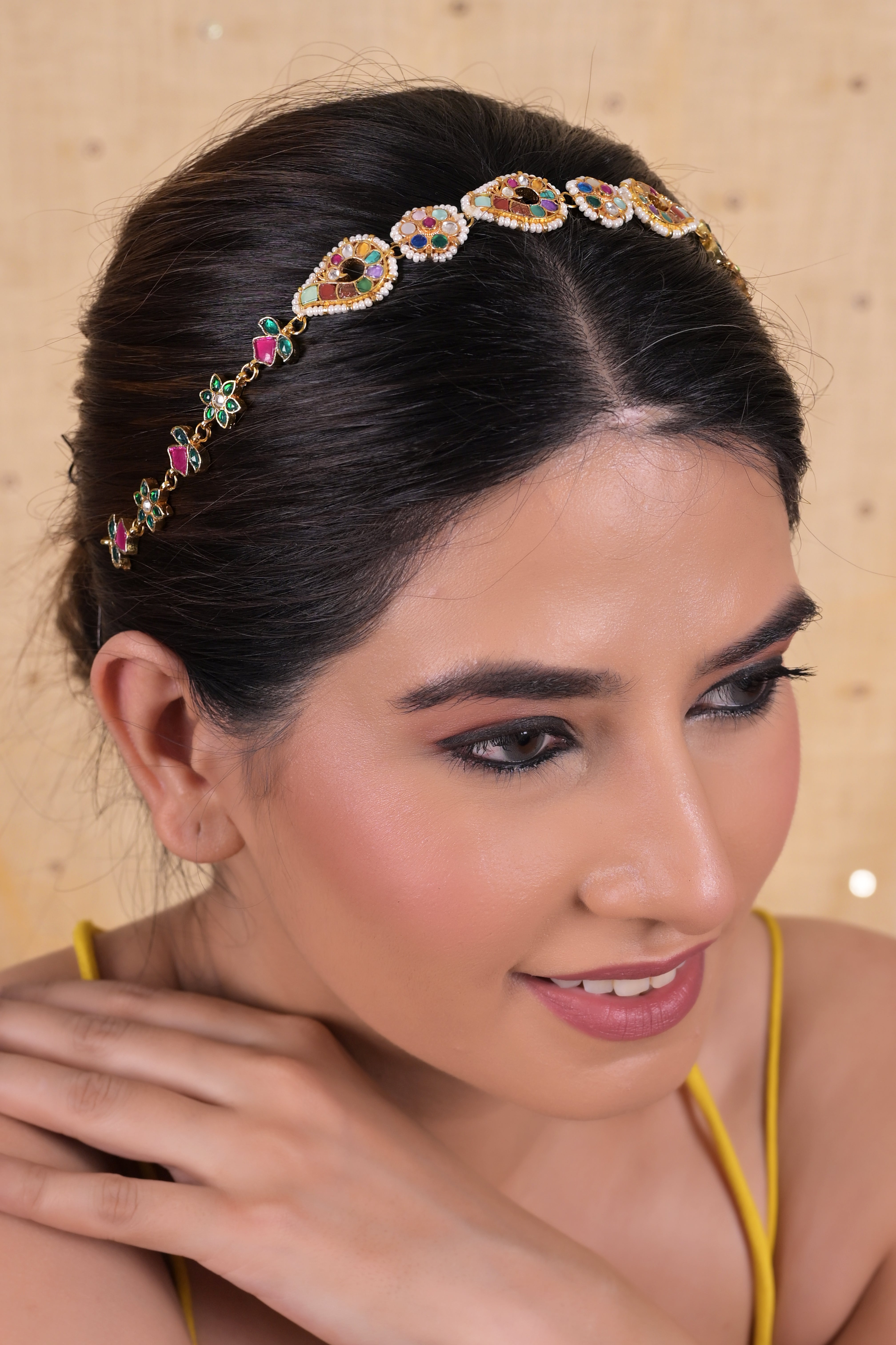 SJHB1018- Multi Colour Gold Plated Jadau Kundan Headband