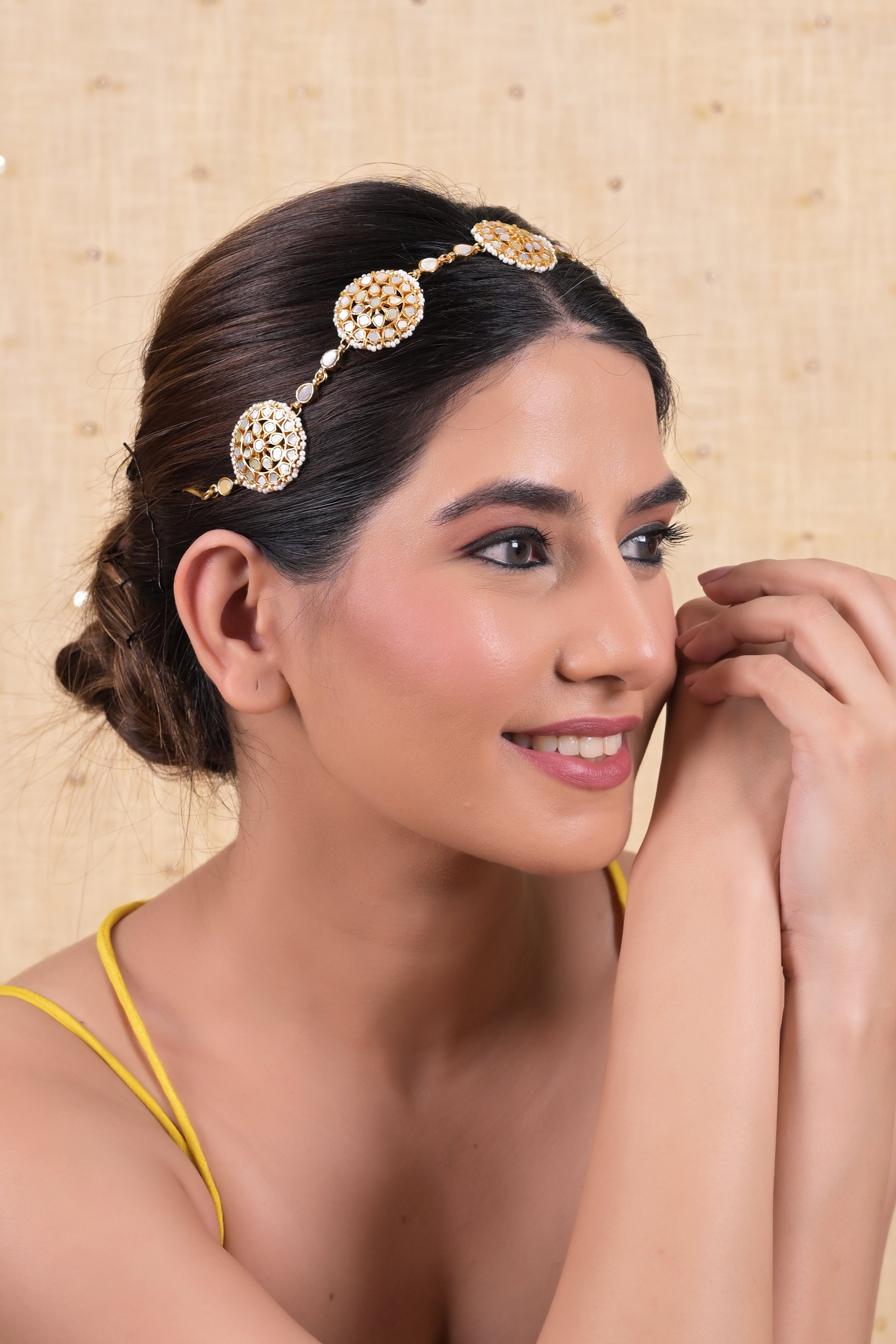 SJHB1019- White Colour Gold Plated Mother of Pearl Headband
