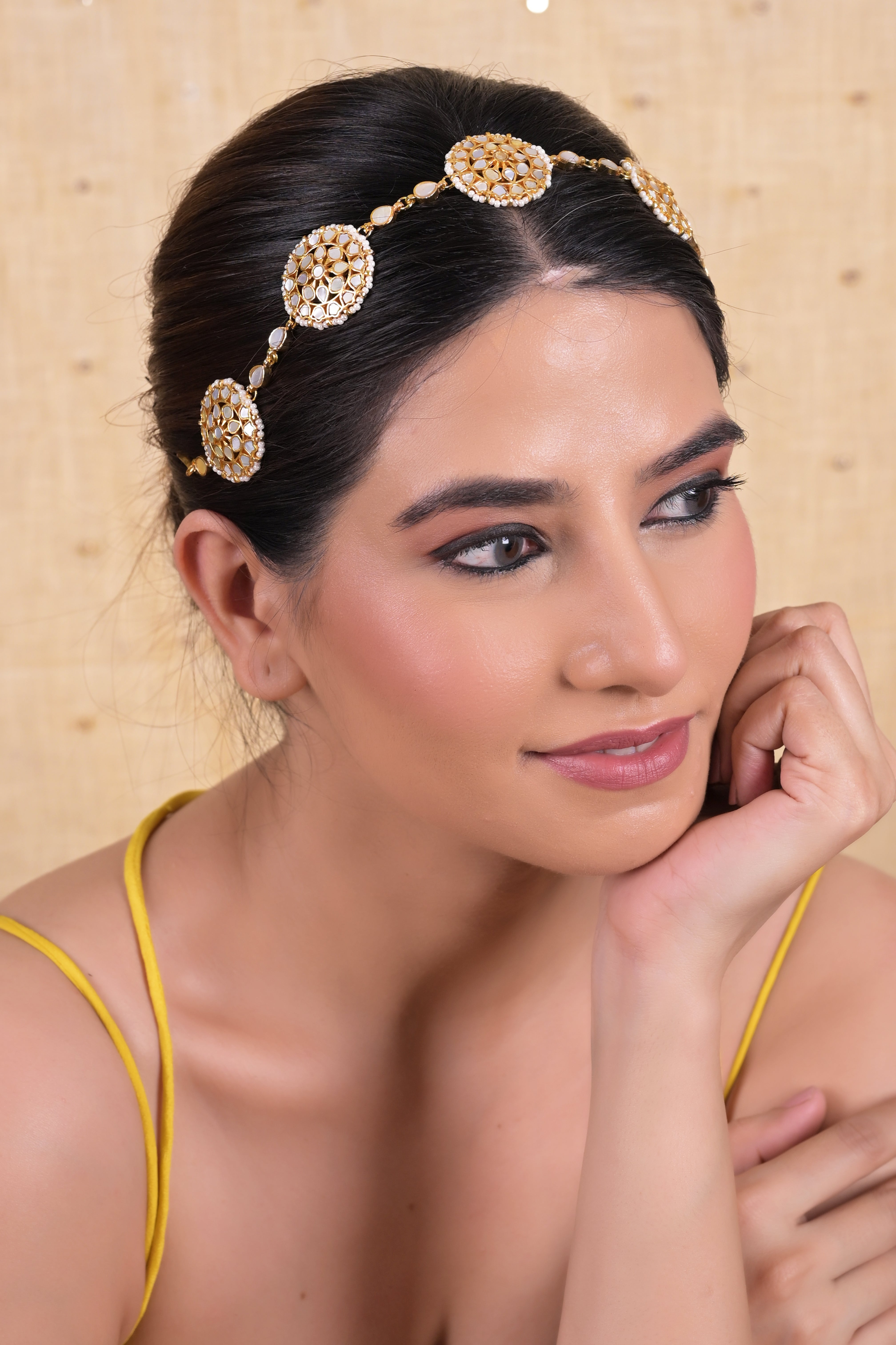 SJHB1019- White Colour Gold Plated Mother of Pearl Headband