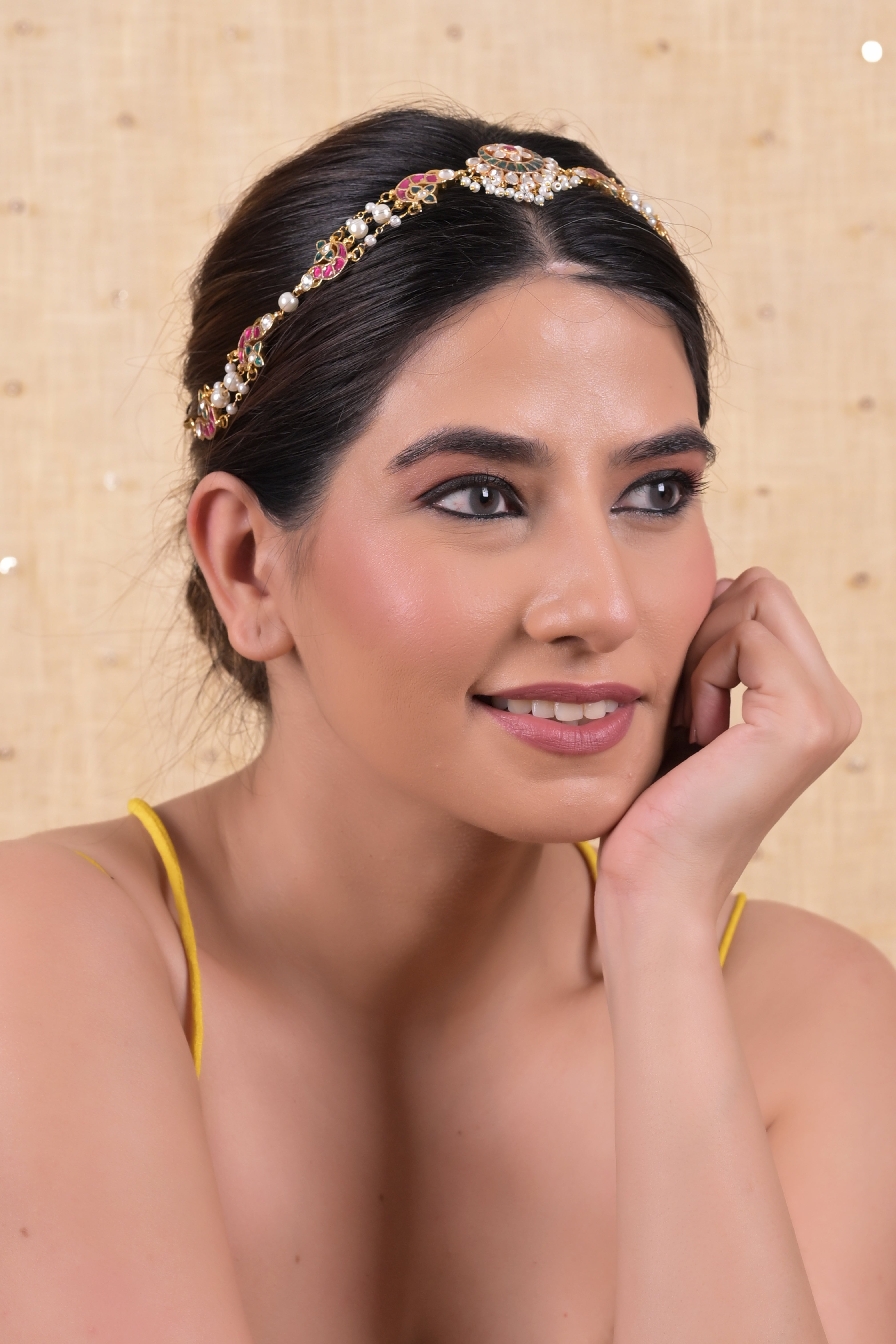 SJHB1021- Multi Colour Gold Plated Jadau Kundan Headband