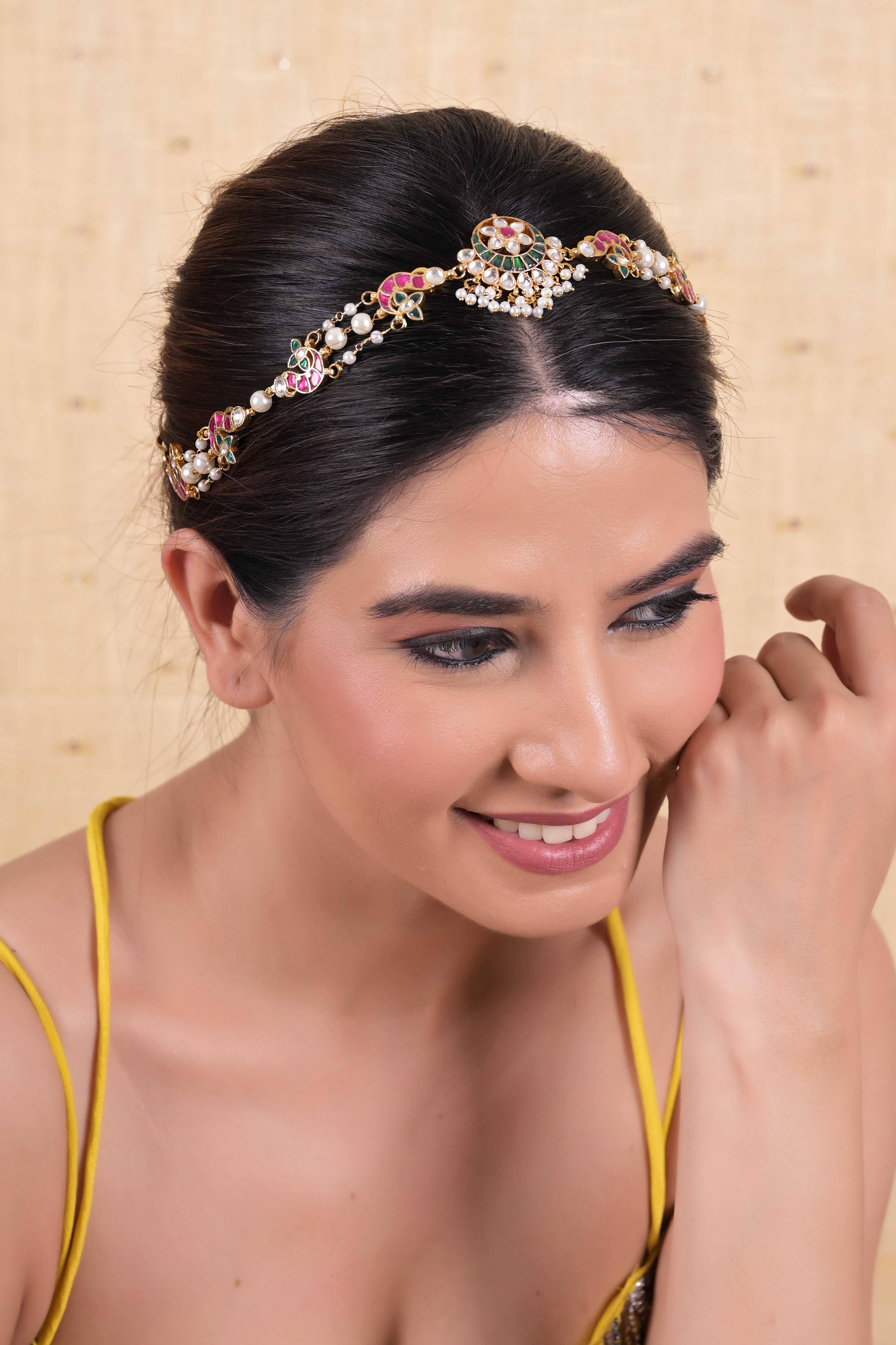 SJHB1021- Multi Colour Gold Plated Jadau Kundan Headband