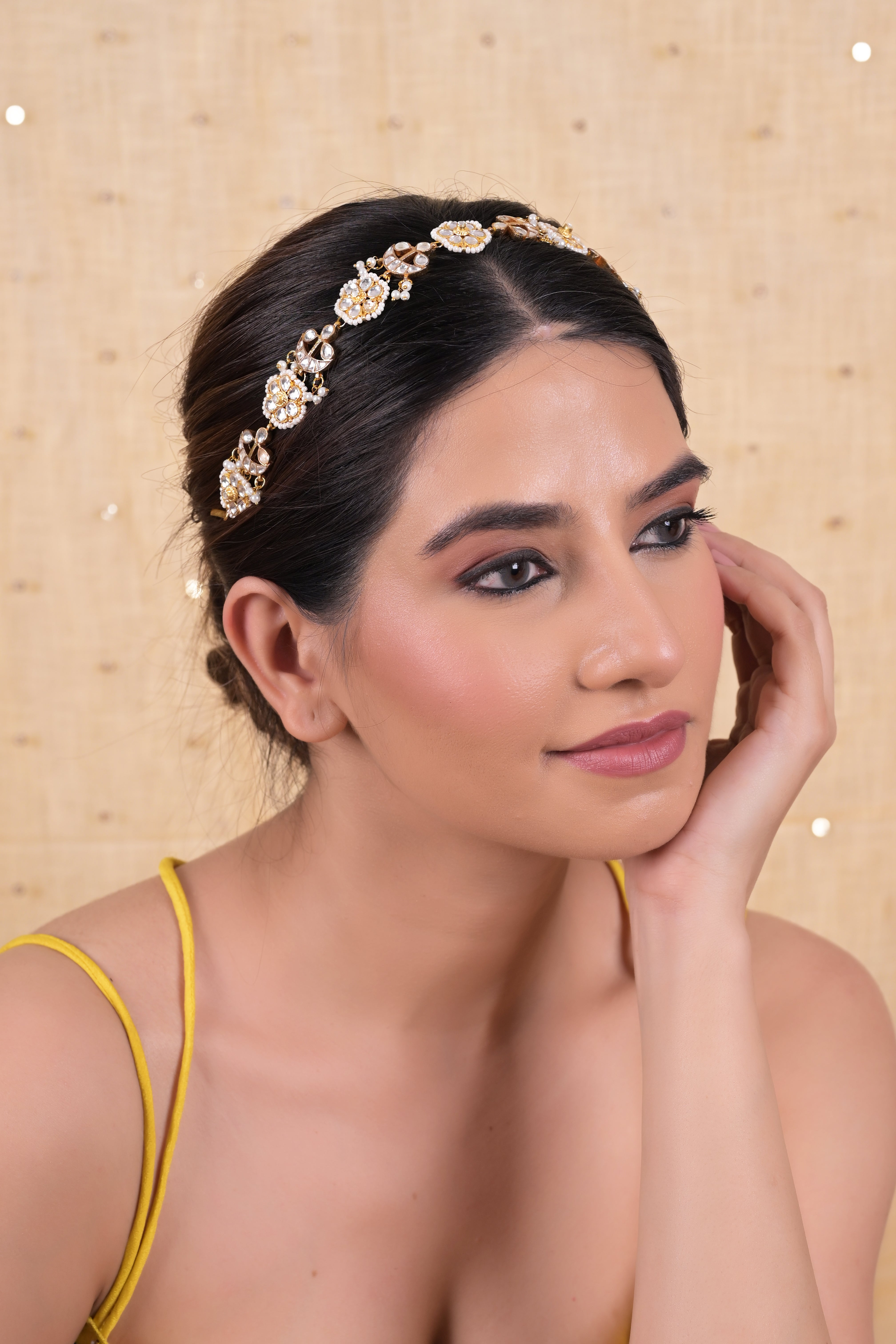 SJHB1022- White Colour Gold Plated Jadau Kundan Headband