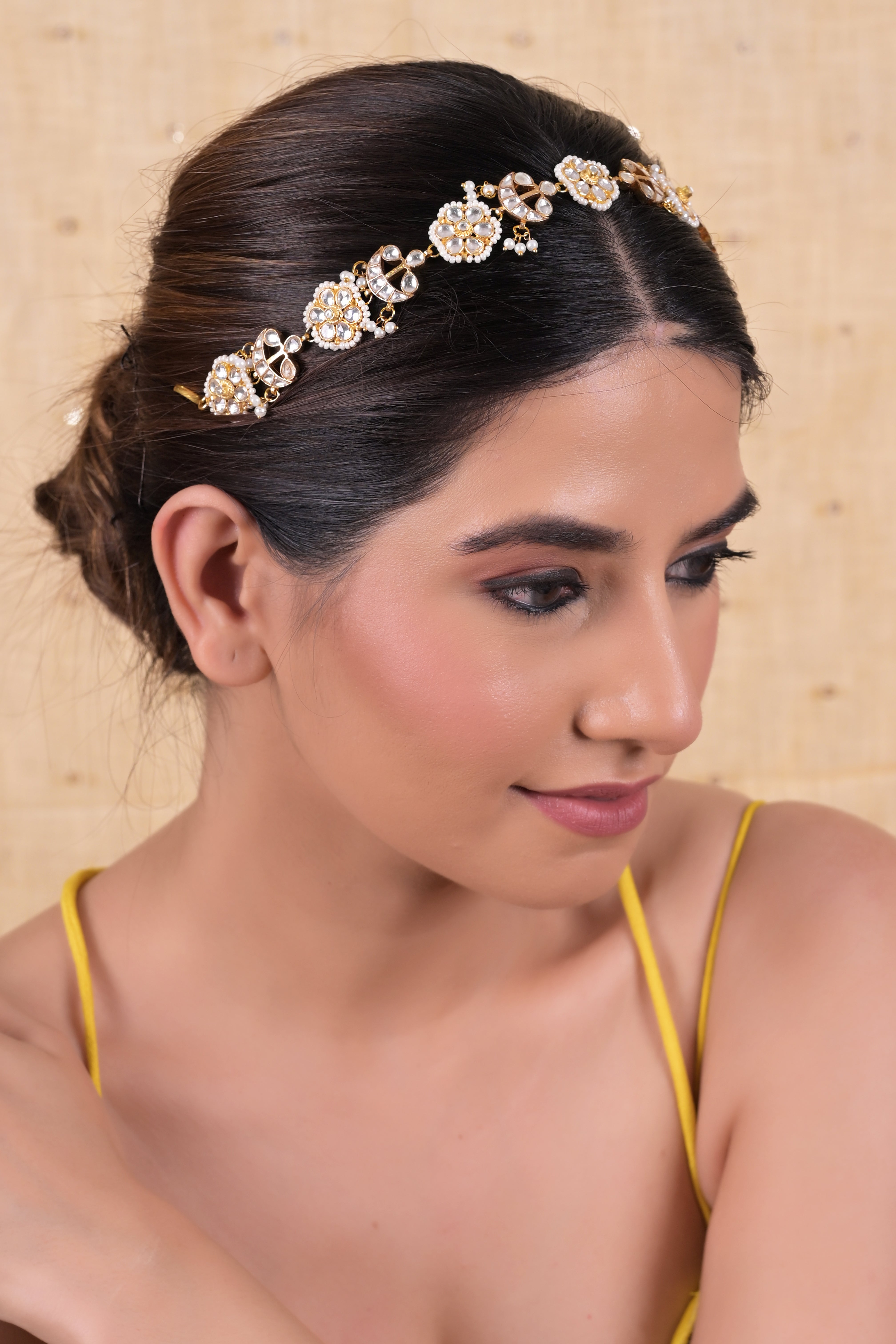 SJHB1022- White Colour Gold Plated Jadau Kundan Headband