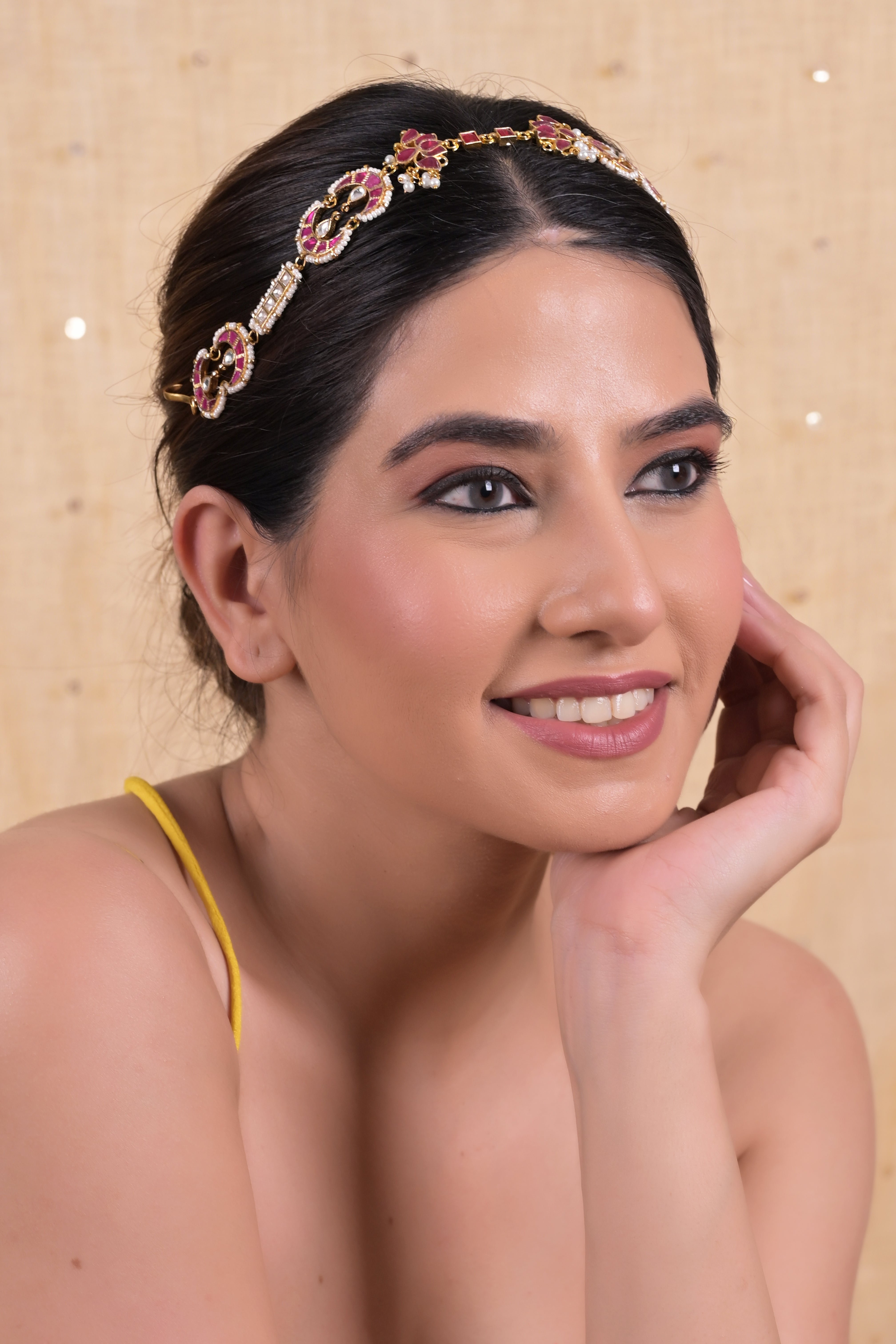 SJHB1023- Red Colour Gold Plated Jadau Kundan Headband
