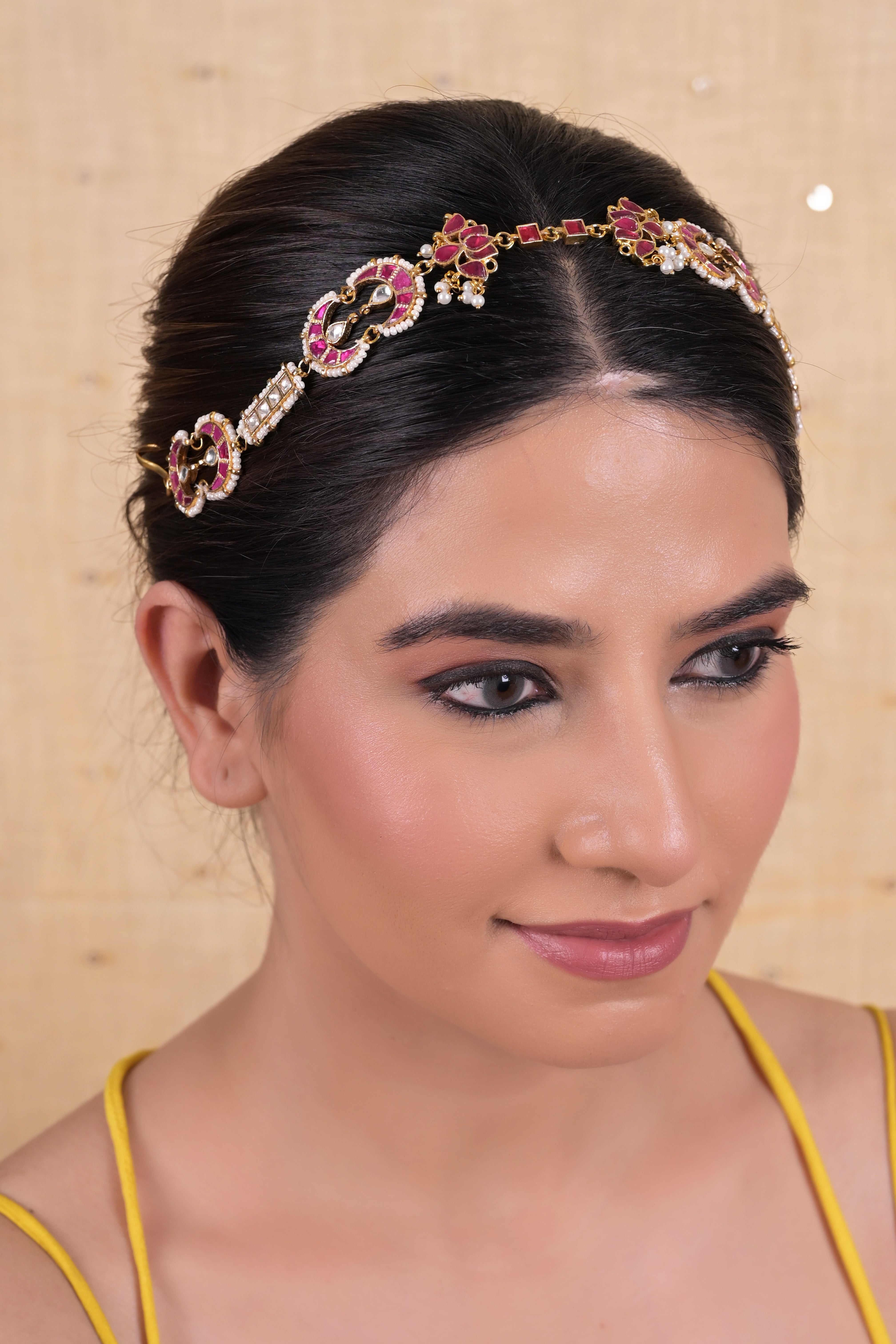 SJHB1023- Red Colour Gold Plated Jadau Kundan Headband