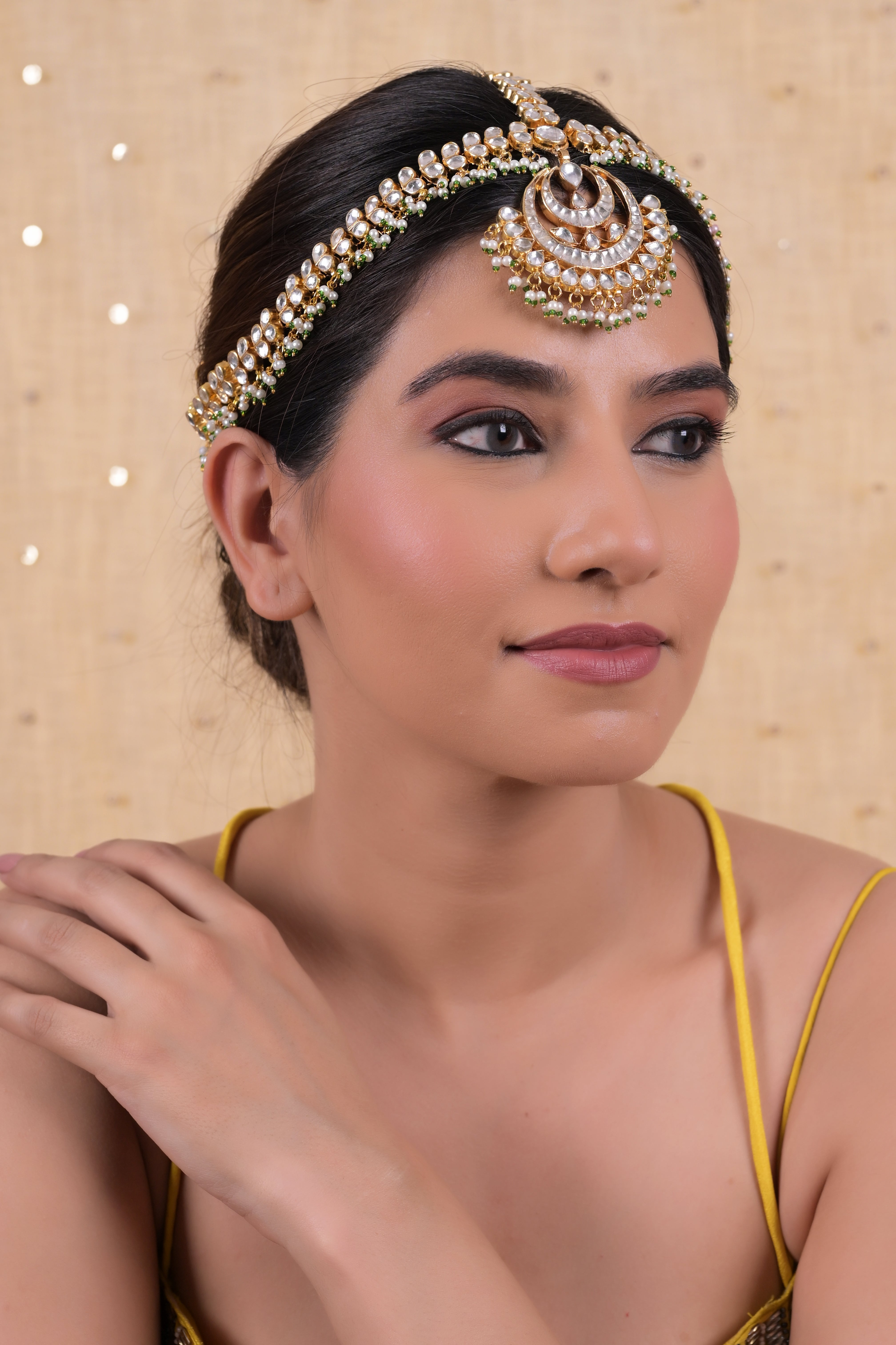 SJHB1024- White Colour Gold Plated Jadau Kundan Mathapatti