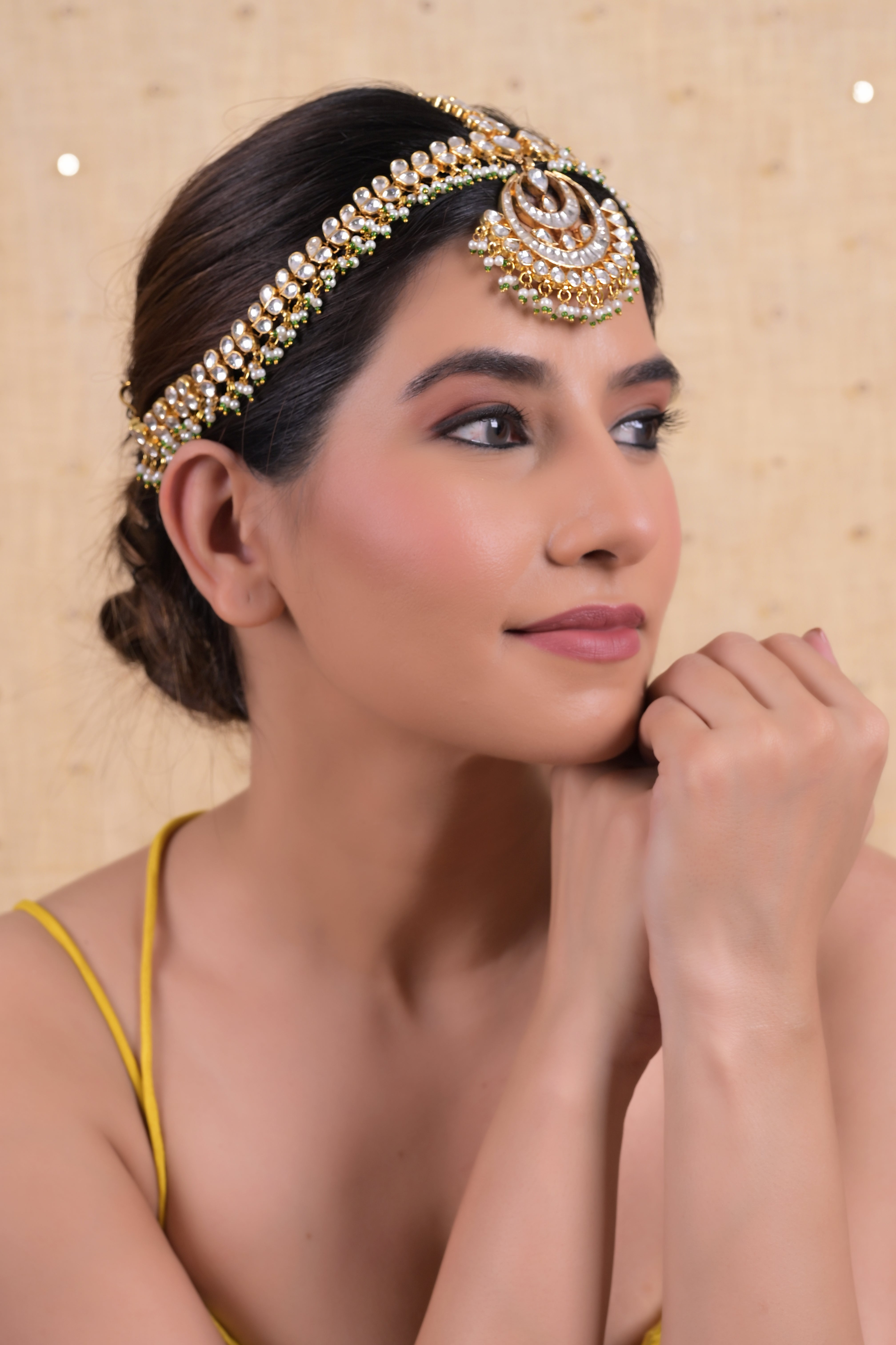 SJHB1024- White Colour Gold Plated Jadau Kundan Mathapatti