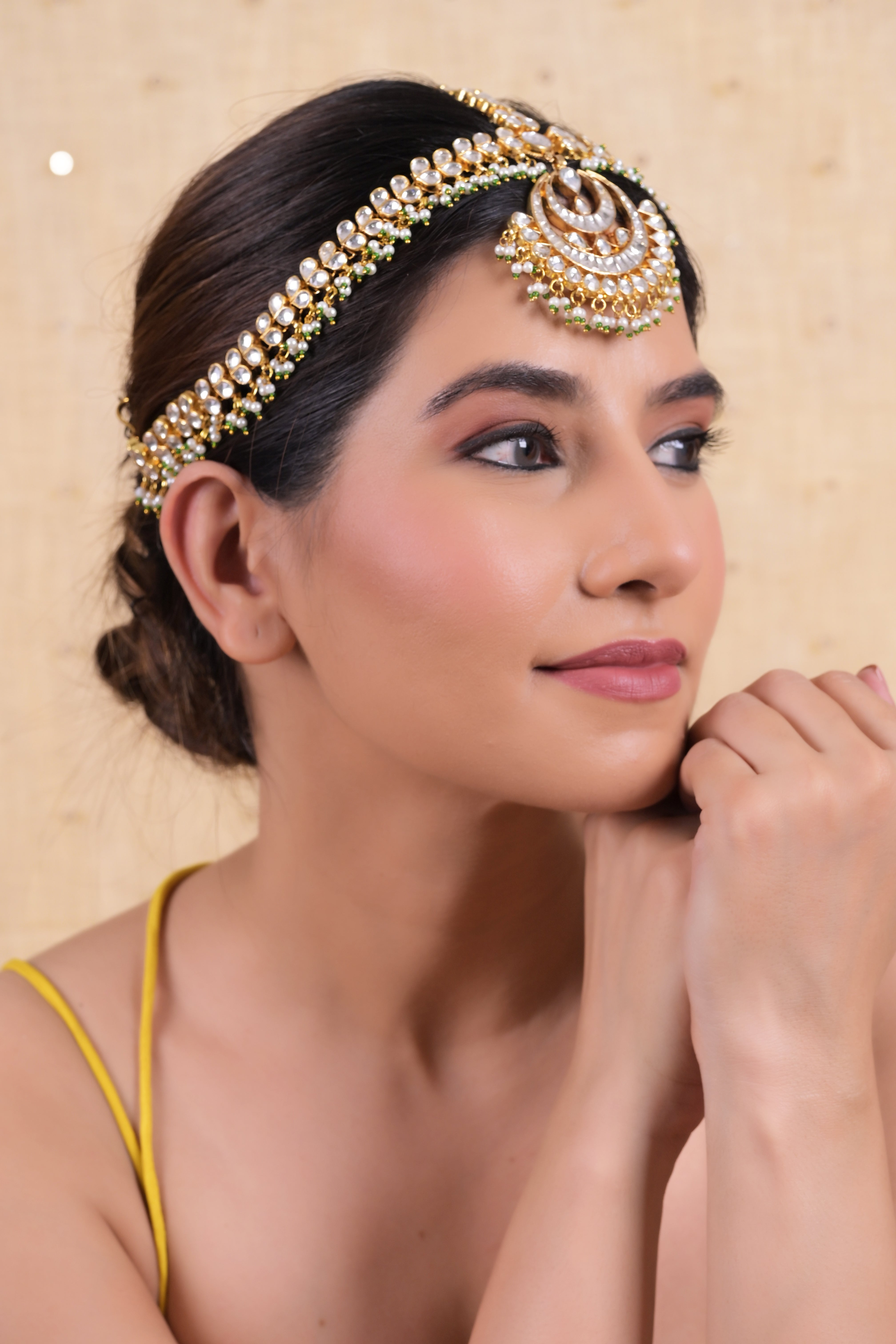 SJHB1024- White Colour Gold Plated Jadau Kundan Mathapatti
