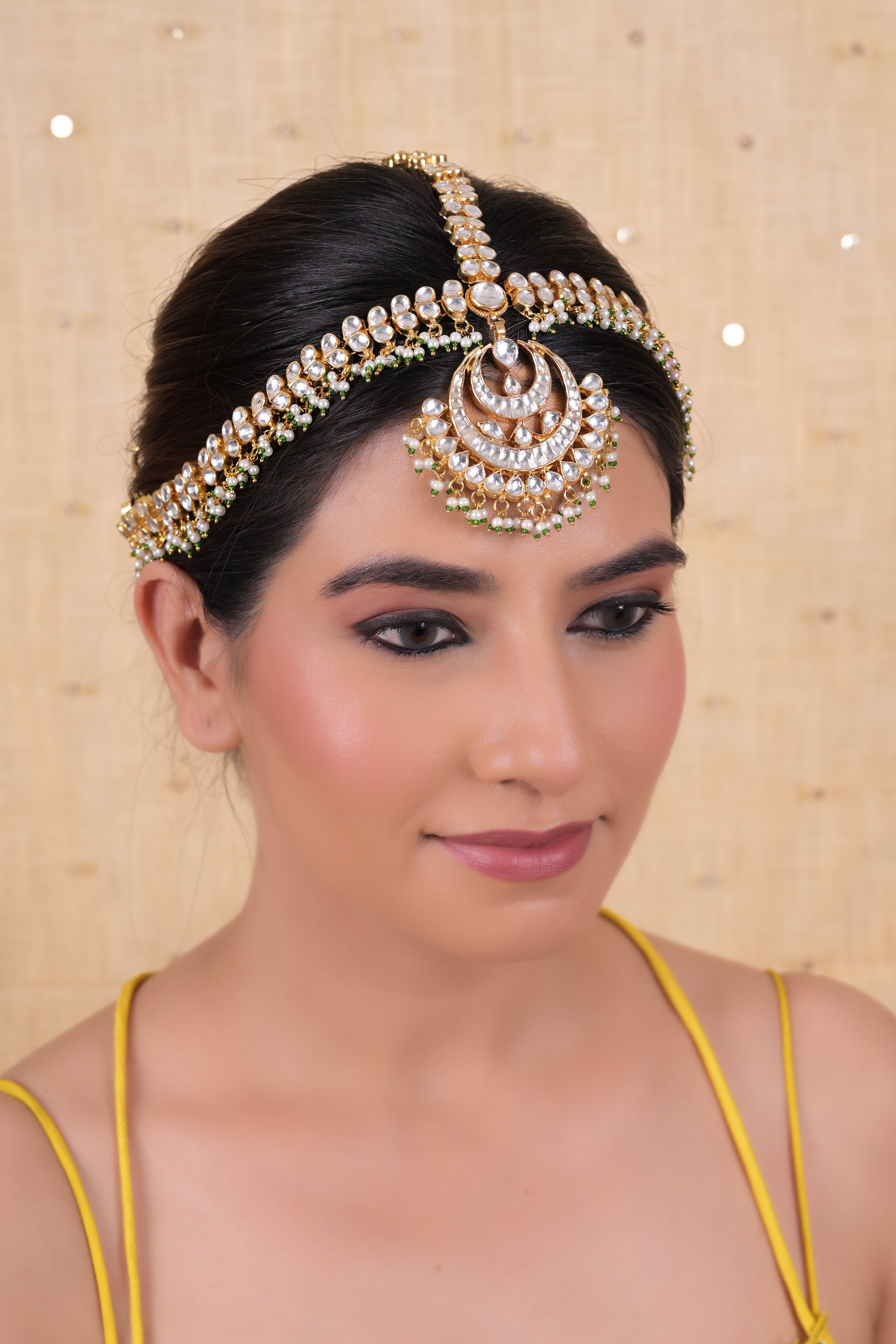 SJHB1024- White Colour Gold Plated Jadau Kundan Mathapatti