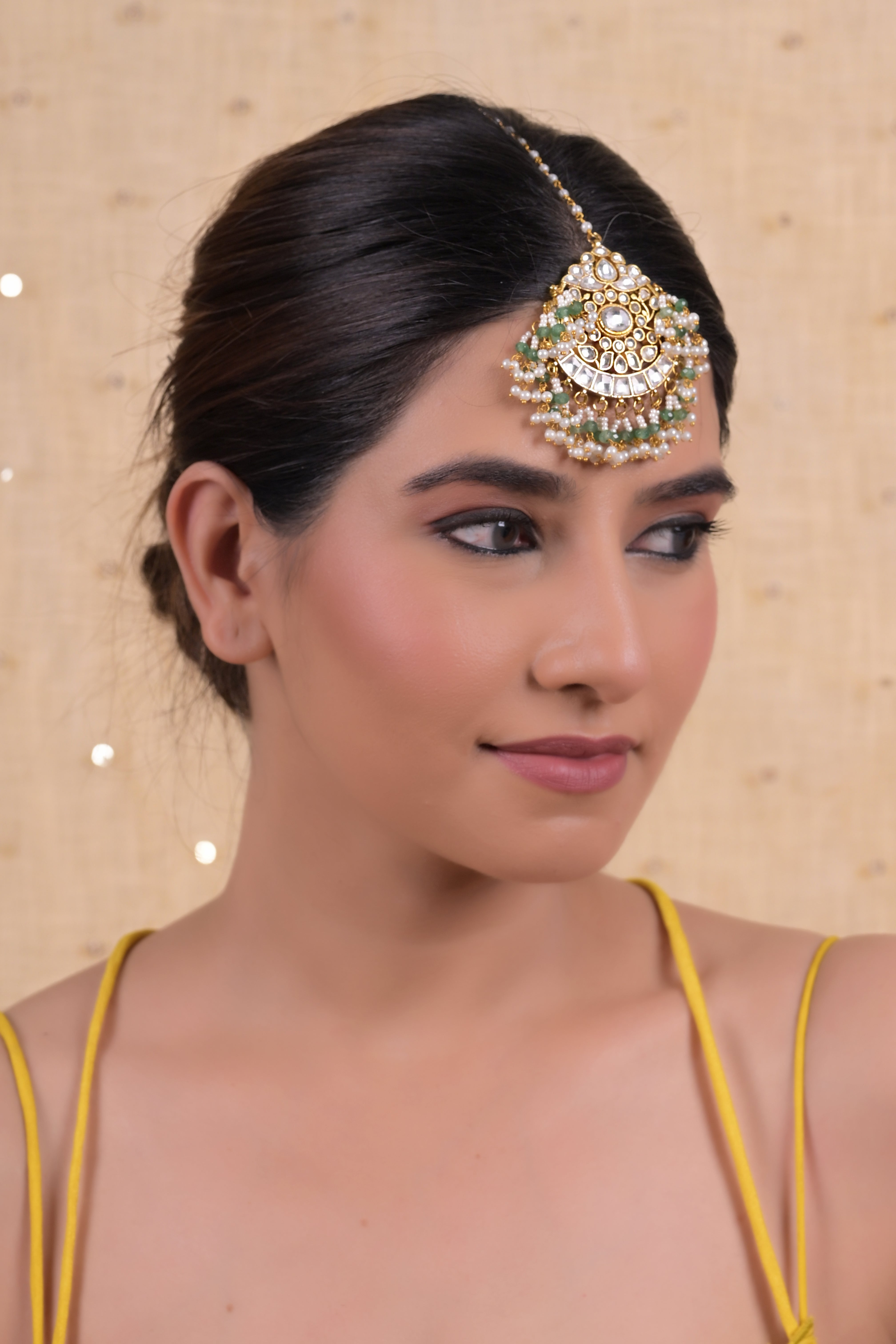 SJT1037- Green Color Gold Plated Jadau Kundan Maang Tika