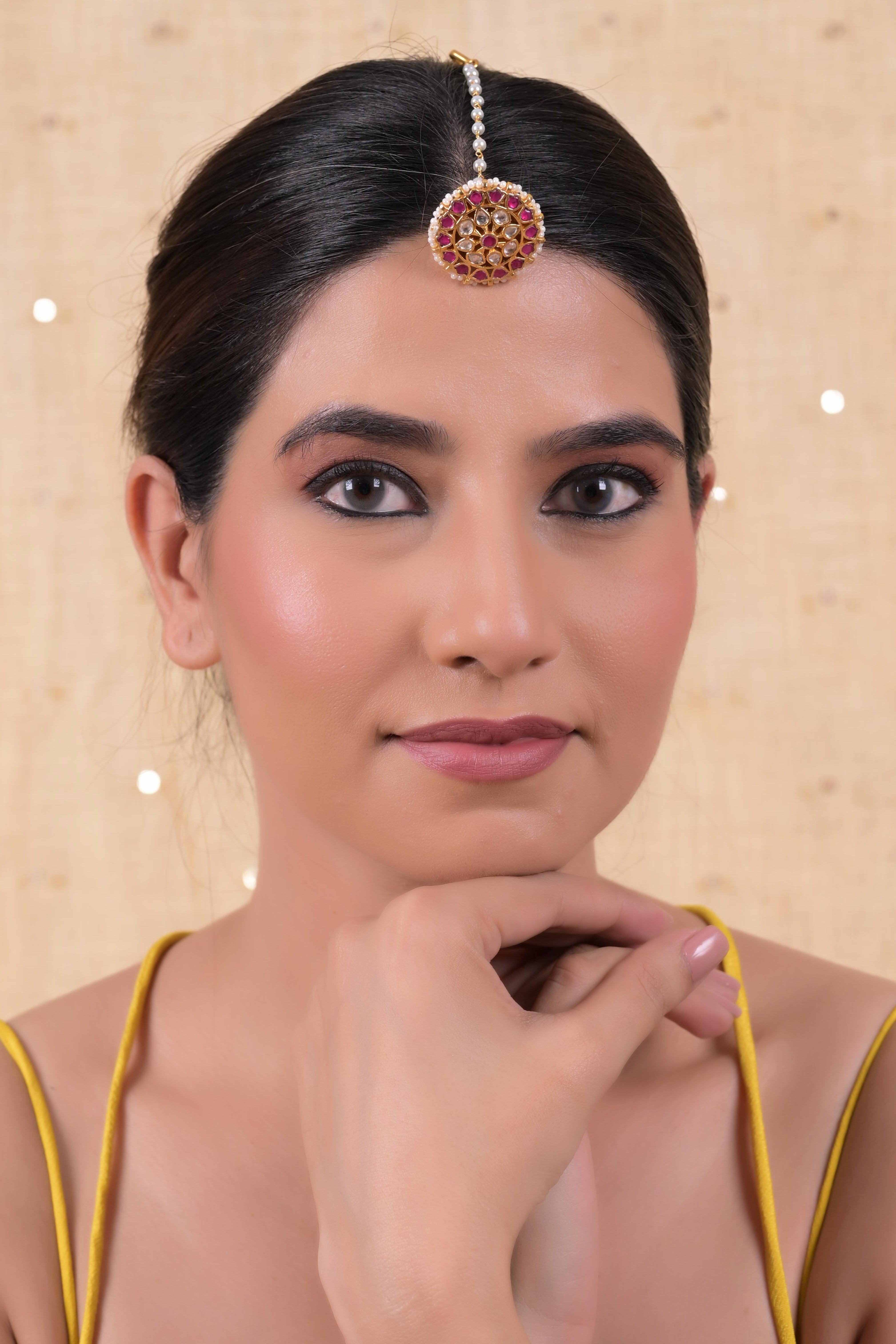 SJT1040- Pink and White Colour Gold Plated Jadau Kundan Maang Tika